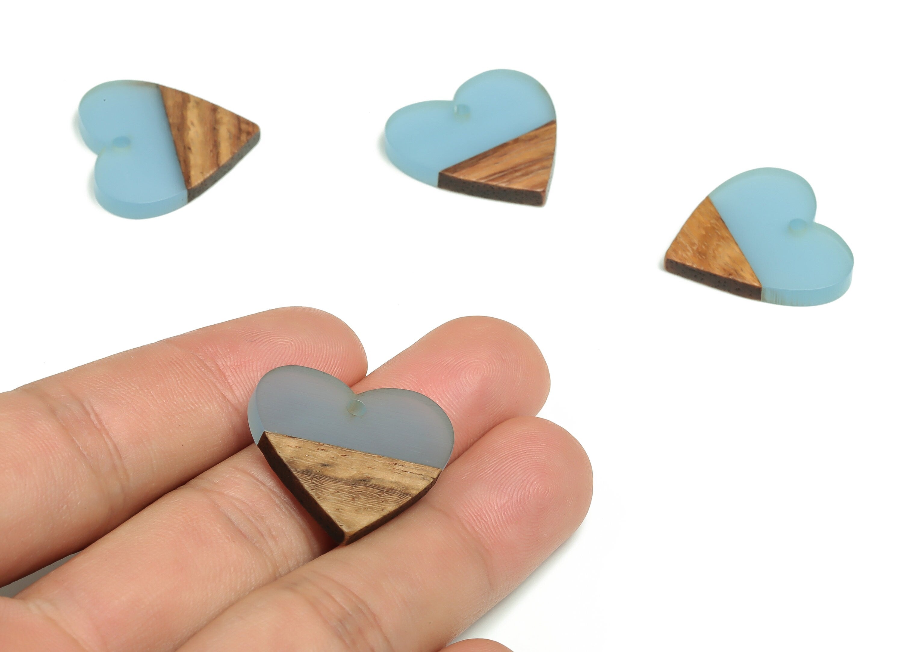 Walnut Wood Heart Earring Charm - Resin Heart Pendant - Sky Blue& Coffee Resin Heart - Jewelry Making Supplies - 24.78x23.98x2.8mm - BB1102C - DOMEDBAZAAR