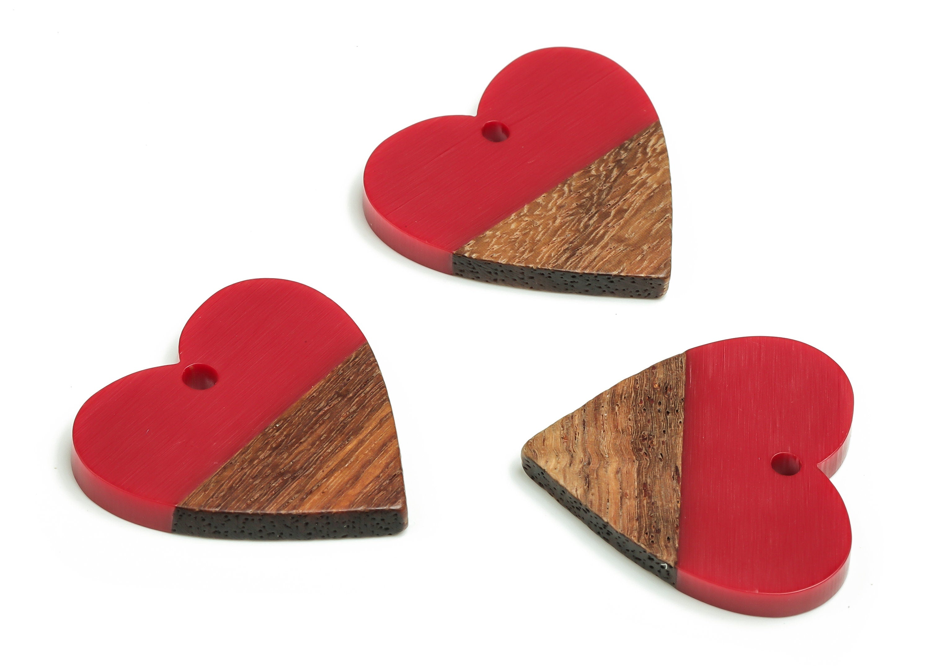 Walnut Wood Heart Earring Charm - Resin Heart Pendant - Rose Red& Coffee Resin Heart - Jewelry Making Supplies - 24.78x23.98x2.8mm - BB1102E - DOMEDBAZAAR