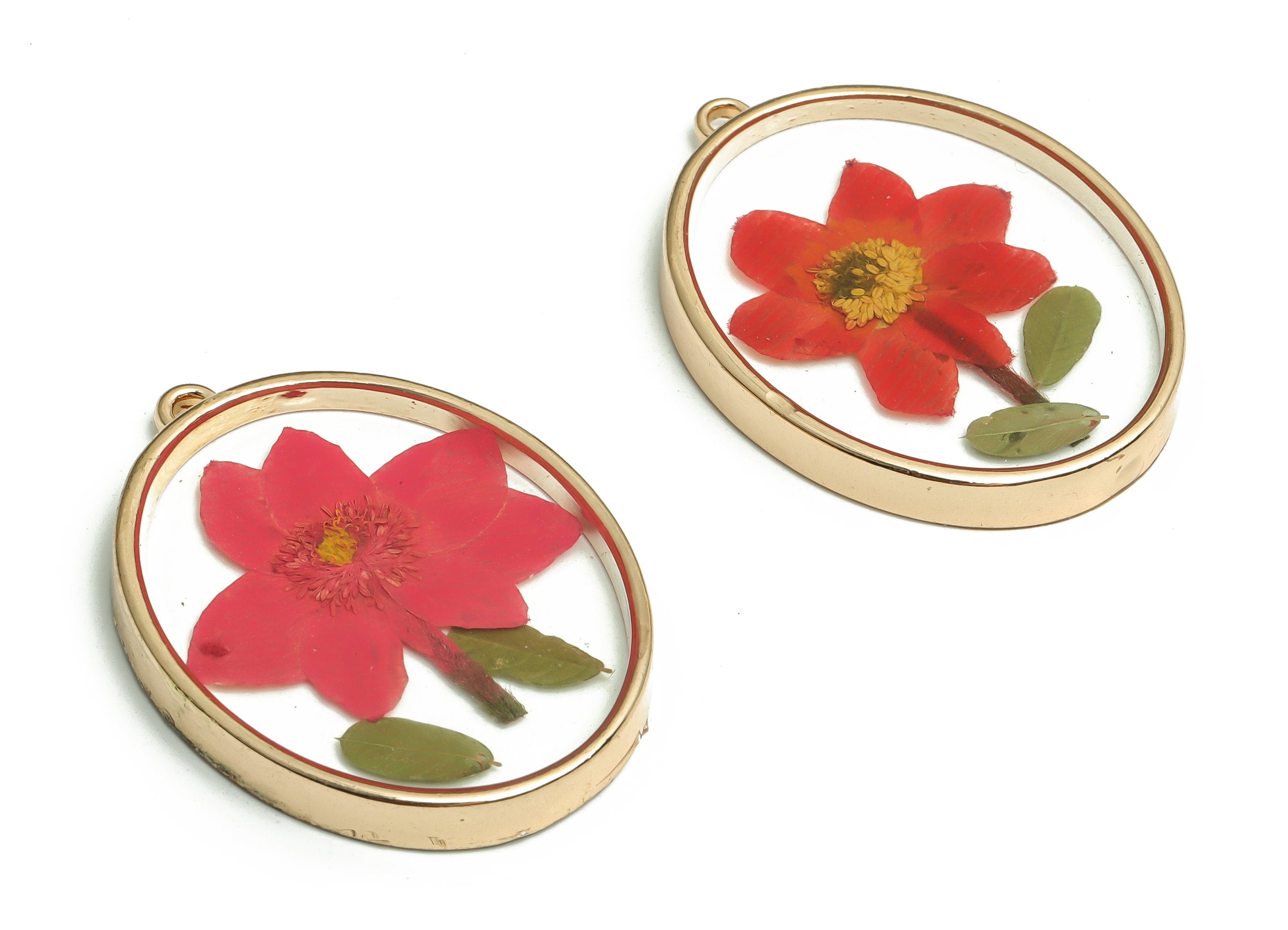 Epoxy Resin Oval Real Flower Earrings Charm - Dried Annunciator Flower Pendant Charms - Gold Tone Plated Alloy -41.23x30.26x4.5mm- ZZ1956 - DOMEDBAZAAR