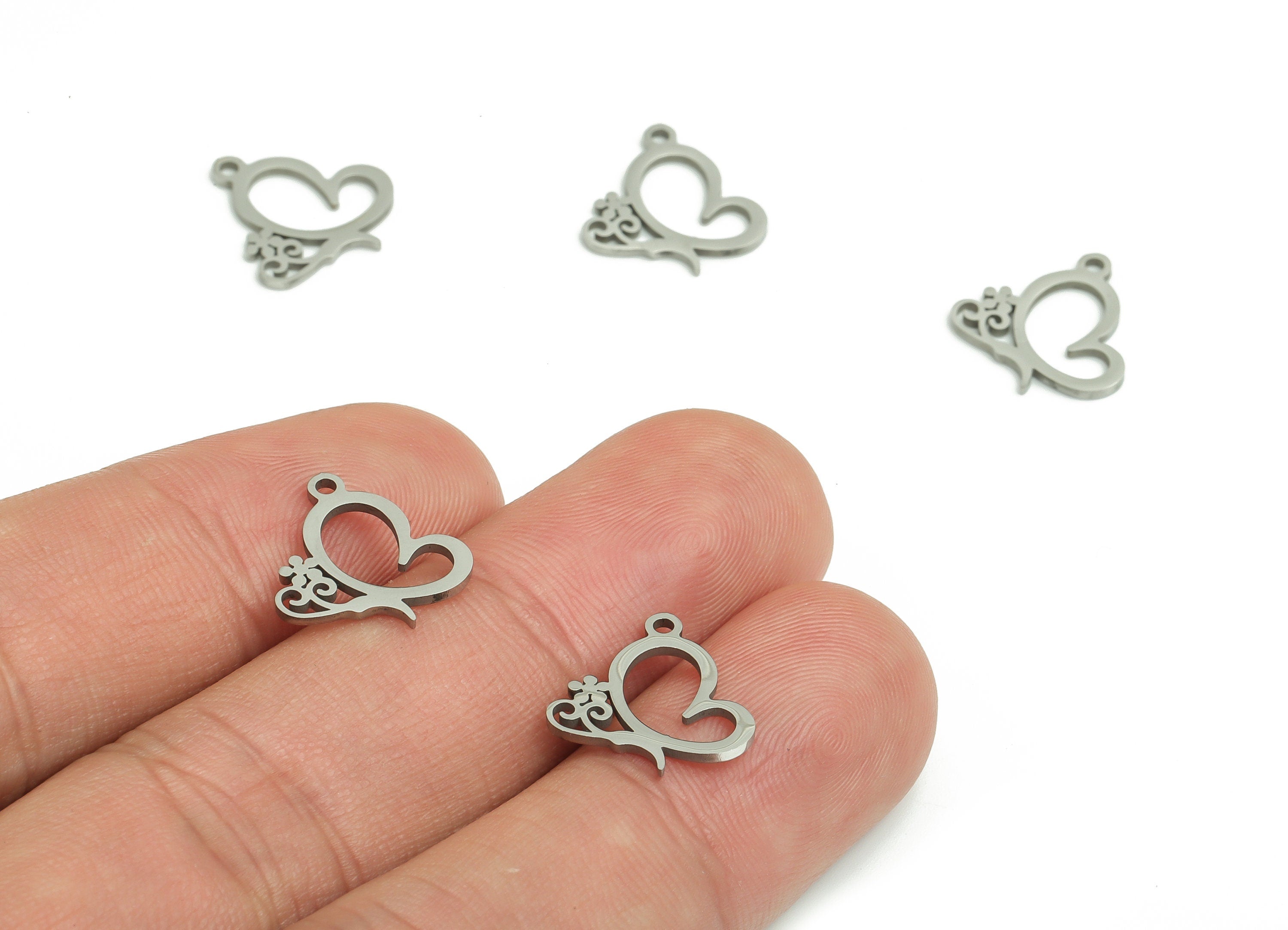 Stainless Steel Heart Earring Charms - Stainless Steel Flower Pendant - Jewelry Making Supplies - 14.06x13.13x0.93mm - SS1300 - DOMEDBAZAAR