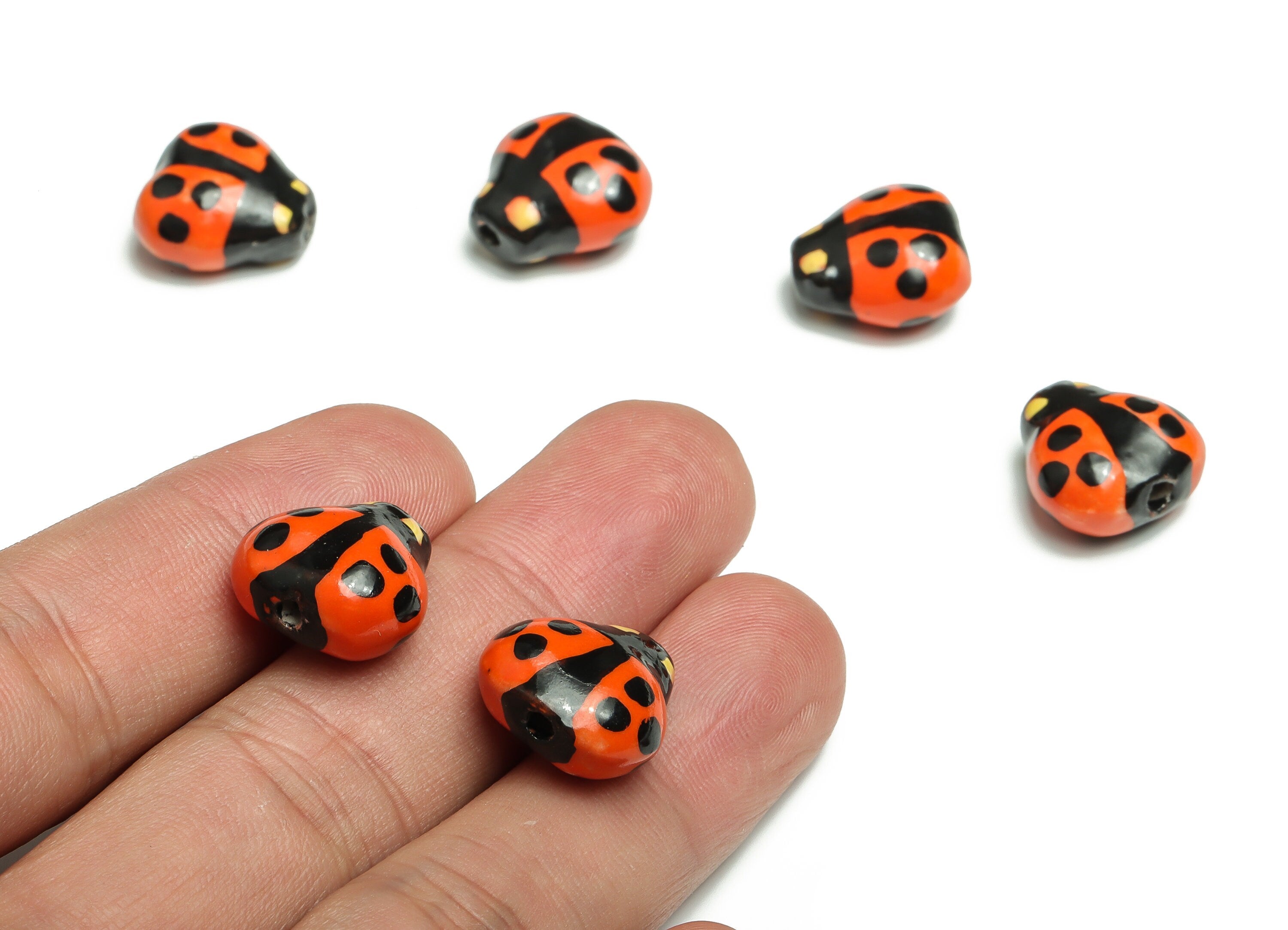 Glazed Ceramic ladybug Beads - Carved ladybug Beads - Handmade Beads - Necklace Beads - Connectors Beads - 15.2x15.15x9.01mm - NS1422E - DOMEDBAZAAR