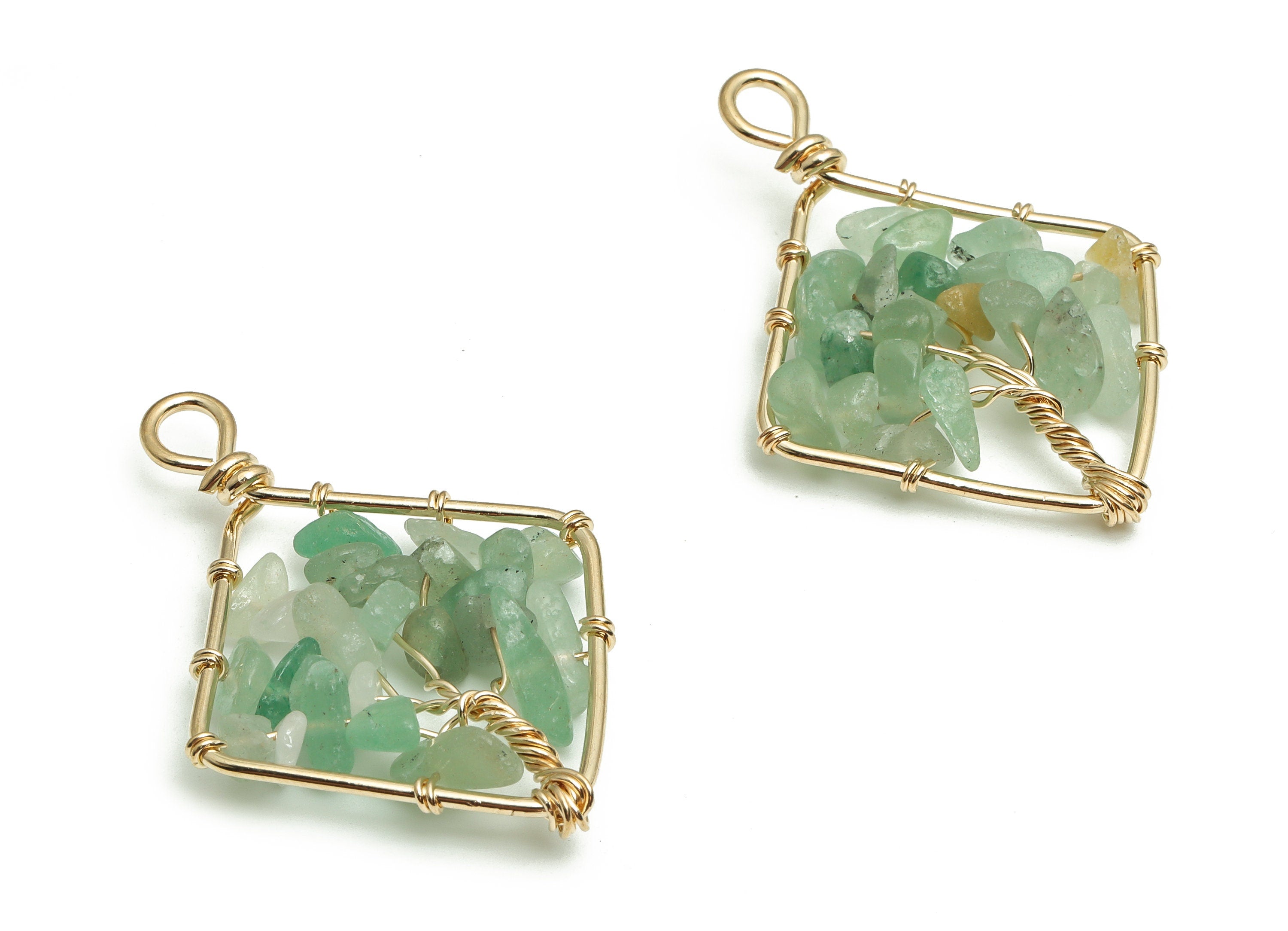 Aventurine Jewelry Charms – Wire Wrapped Natural Stone - Iron Rhombic Pendant - Gold Tone Plated Alloy - 43.87x31.27x6.32mm - NS1415 - DOMEDBAZAAR