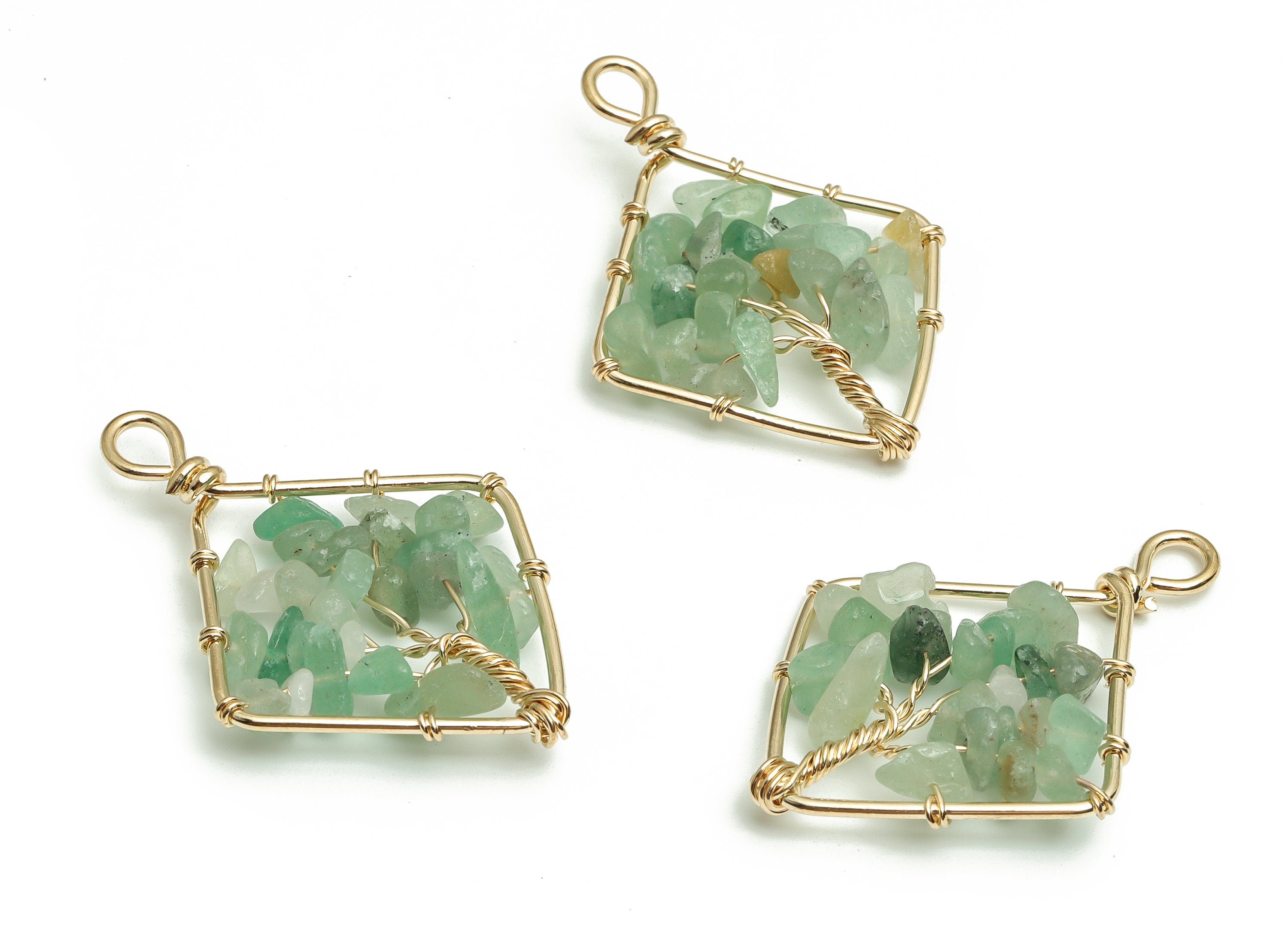 Aventurine Jewelry Charms – Wire Wrapped Natural Stone - Iron Rhombic Pendant - Gold Tone Plated Alloy - 43.87x31.27x6.32mm - NS1415 - DOMEDBAZAAR