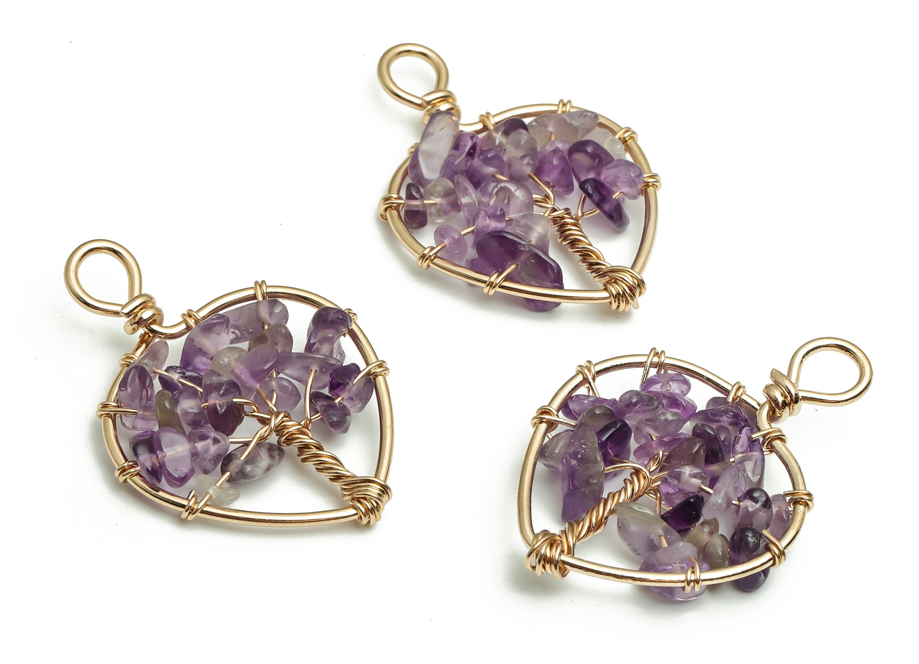 Purple Amethyst Jewelry Charms – Wire Wrapped Natural Stone - Iron Heart Pendant - Gold Tone Plated Alloy - 37.75x26.62x5.33mm- NS1417 - DOMEDBAZAAR