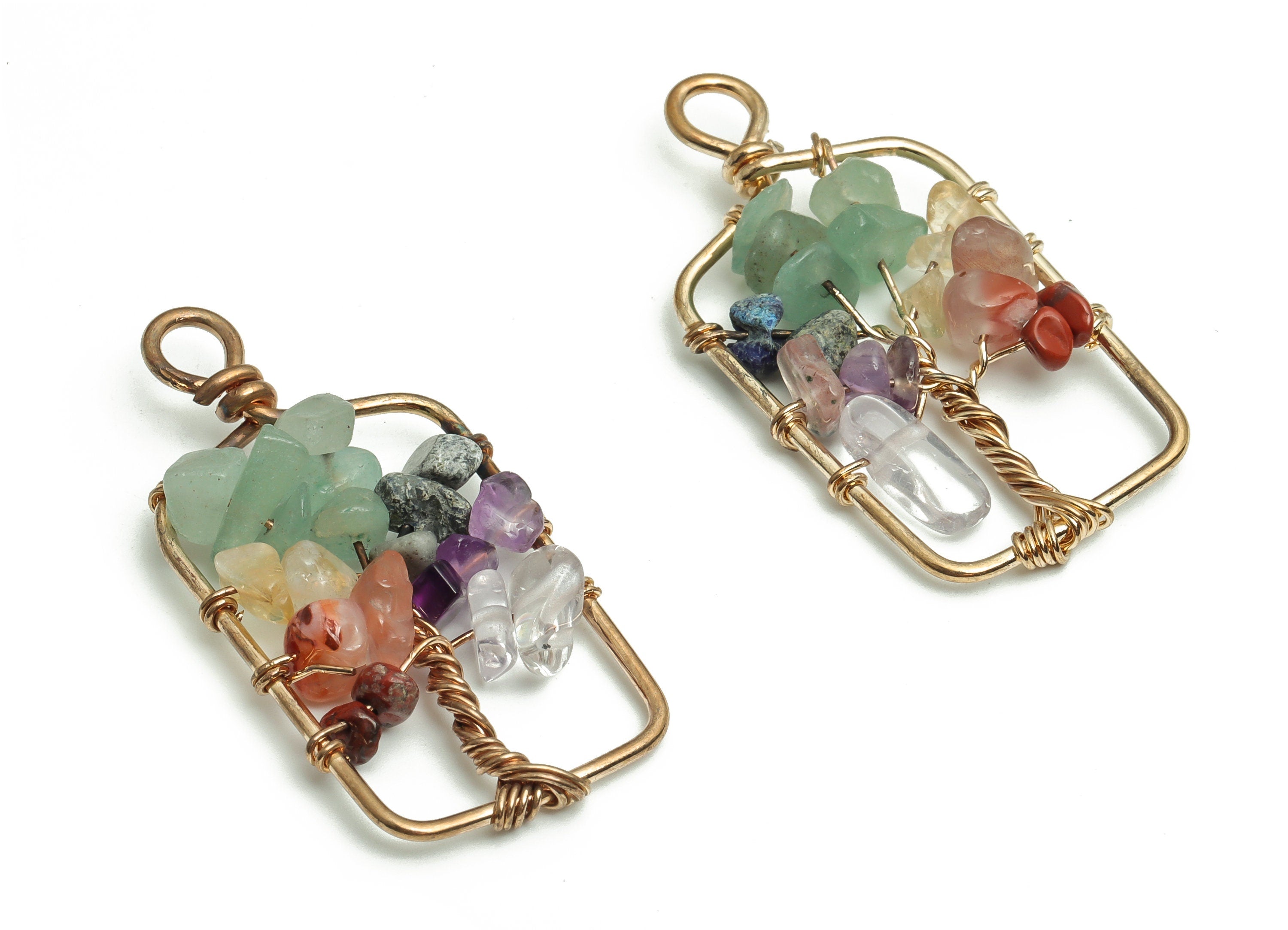 Chakra Stone Jewelry Charms- Wire Wrapped Natural Stone& Red Stone - Iron Rectangle Pendant- Gold Tone Plated Alloy- 42.57x21.4x6.7mm-NS1418 - DOMEDBAZAAR