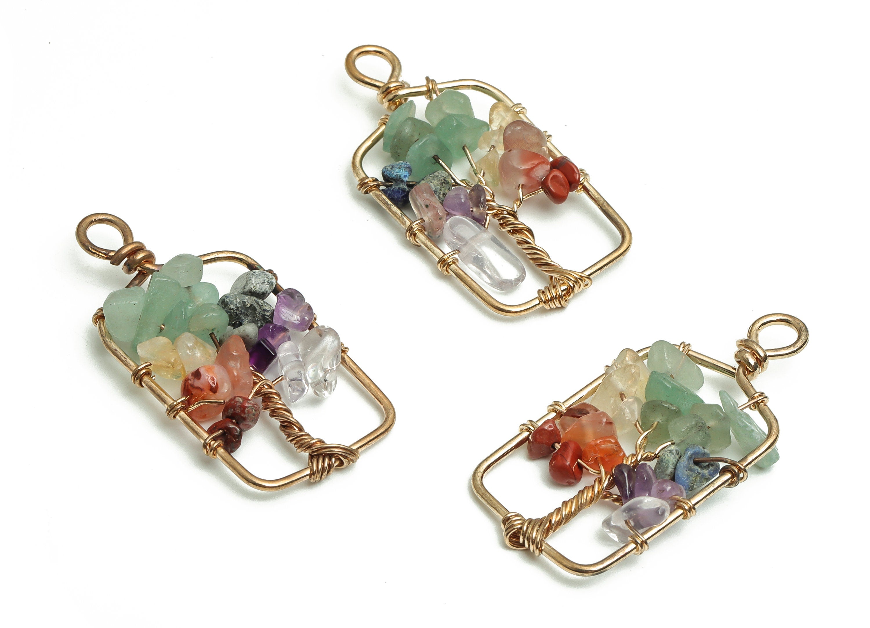 Chakra Stone Jewelry Charms- Wire Wrapped Natural Stone& Red Stone - Iron Rectangle Pendant- Gold Tone Plated Alloy- 42.57x21.4x6.7mm-NS1418 - DOMEDBAZAAR