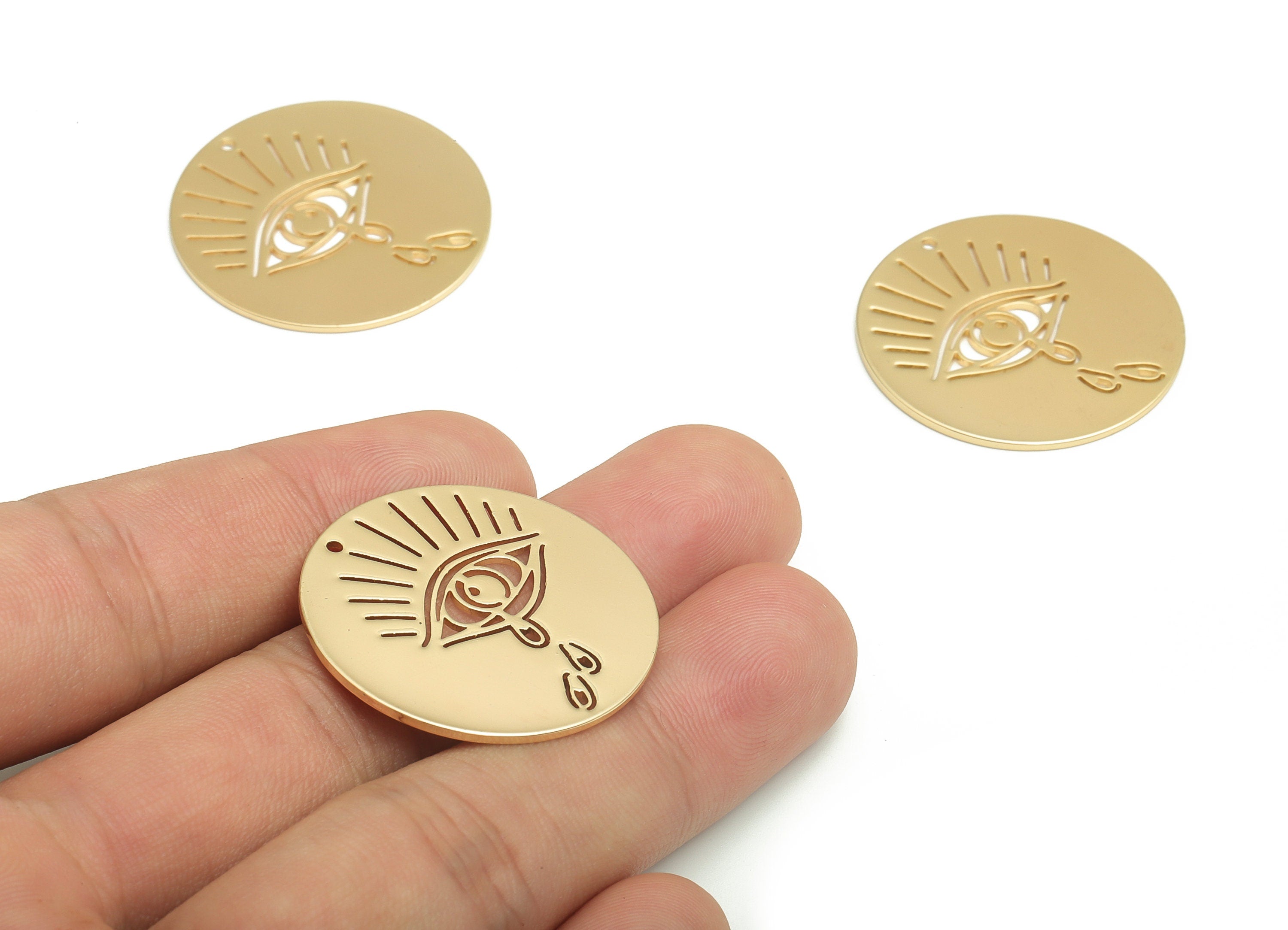 Crying Eye Coin Pendant Charm – Round Earring Charm – Circle Tear Drop Eye Charm - 18K Real Gold Plated Brass - 30.07x30.07x1.01mm - RGP4103 - DOMEDBAZAAR