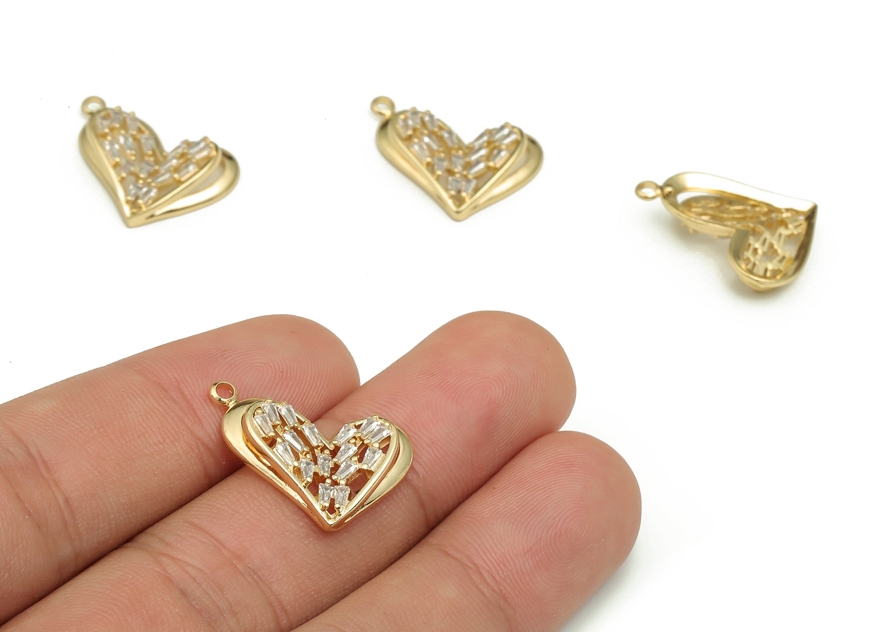Brass Heart Earring Charms With Zircons - Gold Heart Pendant - 18K Real Gold Plated Brass - Jewelry Supplies - 22.06x16.58x3.52mm - RGP4113 - DOMEDBAZAAR
