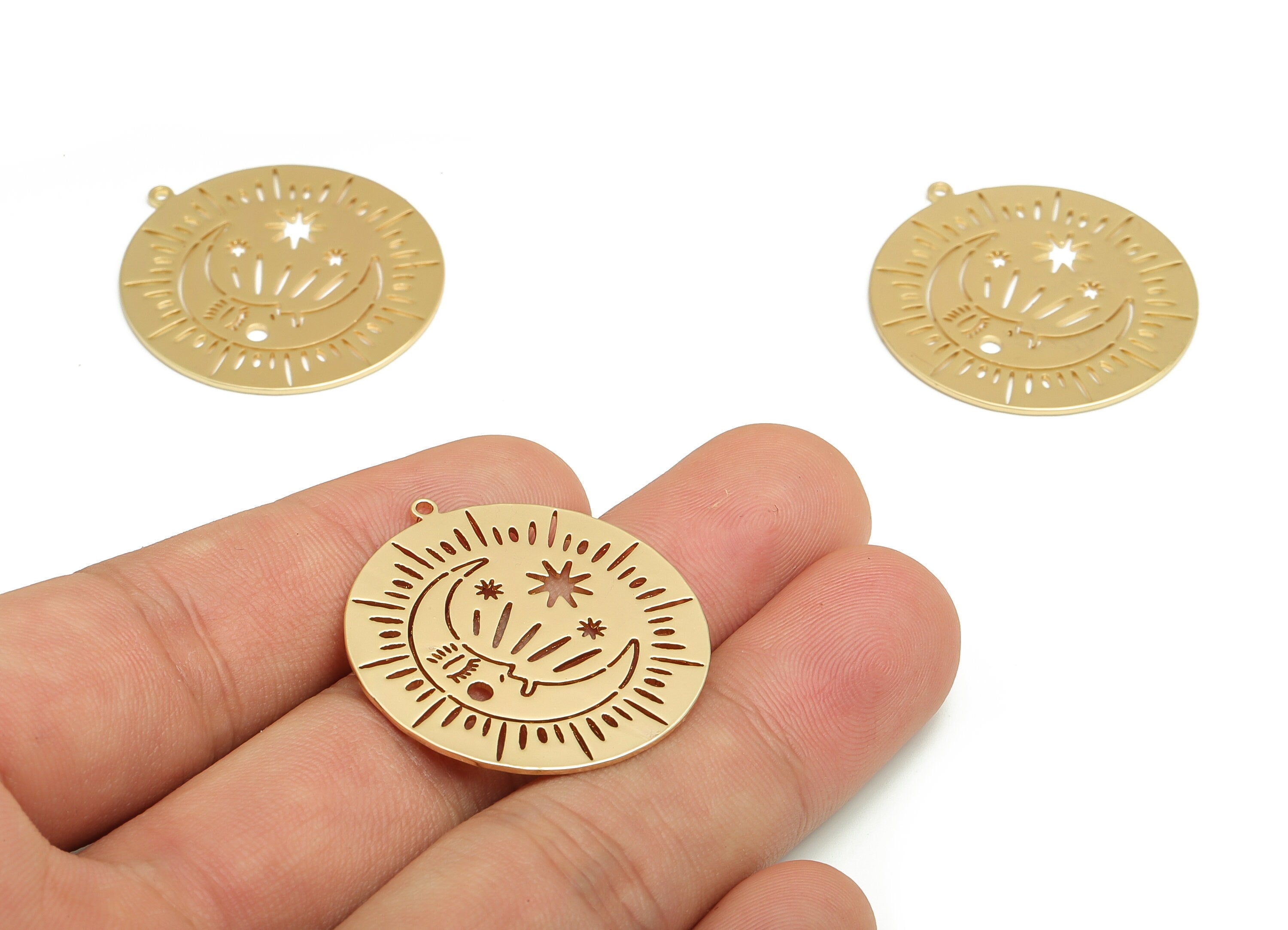 Brass Round Earring Charms - Gold Moon Sun Pendant - 18K Real Gold Plated Brass - Jewelry Making Supplies - 32.17x30x0.86mm - RGP4119 - DOMEDBAZAAR