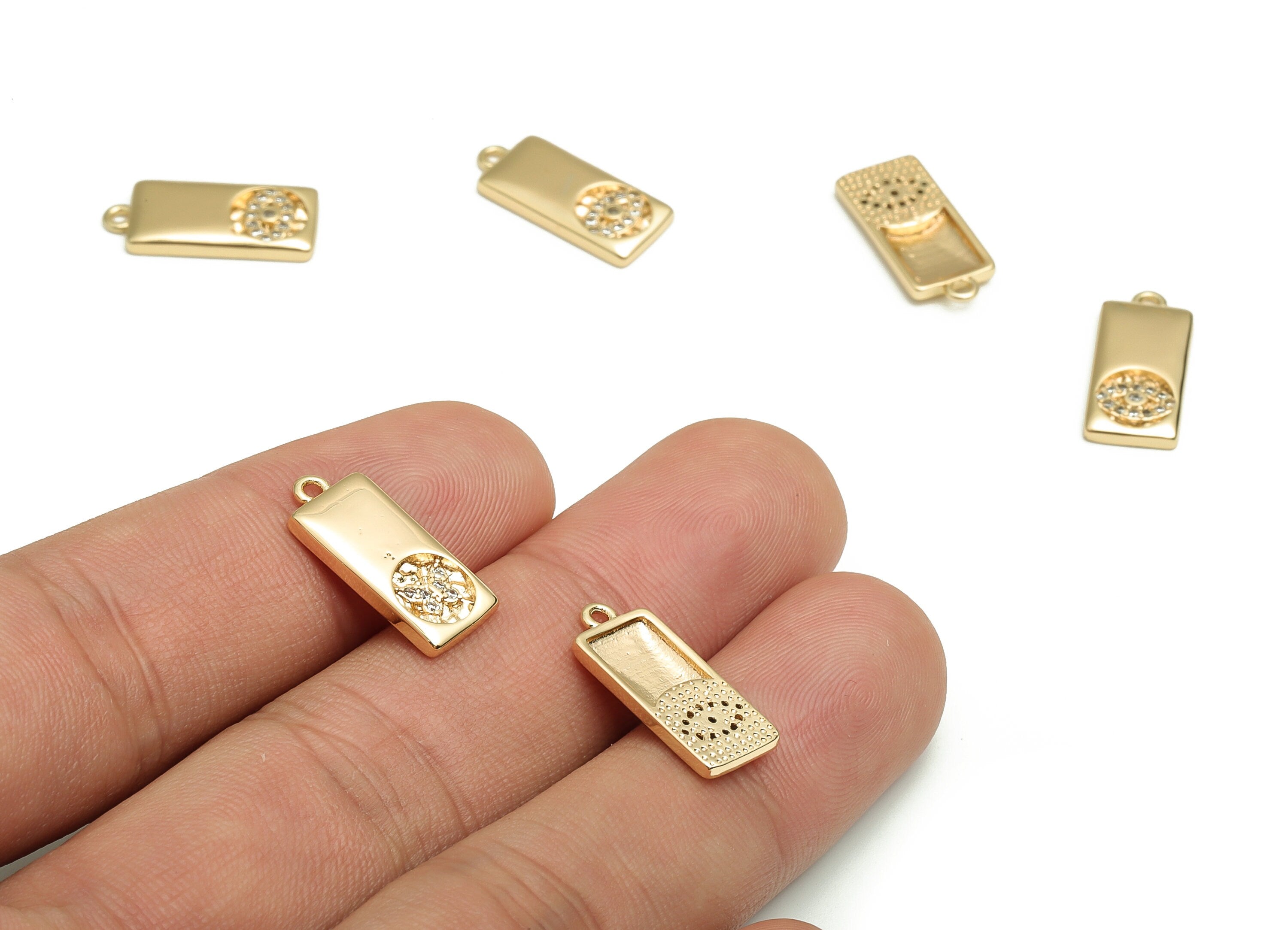 Brass Rectangle Earring Charms With Zircons - Gold Eye Pendant - 18K Real Gold Plated Brass - Jewelry Supplies - 18.07x7.89x2.01mm- RGP4078 - DOMEDBAZAAR