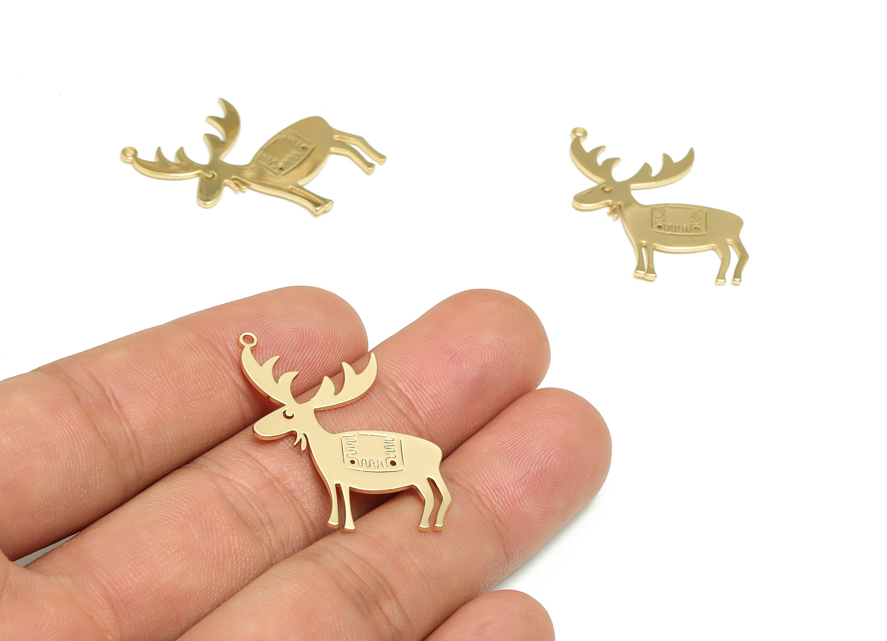 Brass Reindeer Earring Charms - Gold Reindeer Pendant - 18K Real Gold Plated Brass - Jewelry Making Supplies - 34.18x24.11x0.94mm - RGP4067 - DOMEDBAZAAR