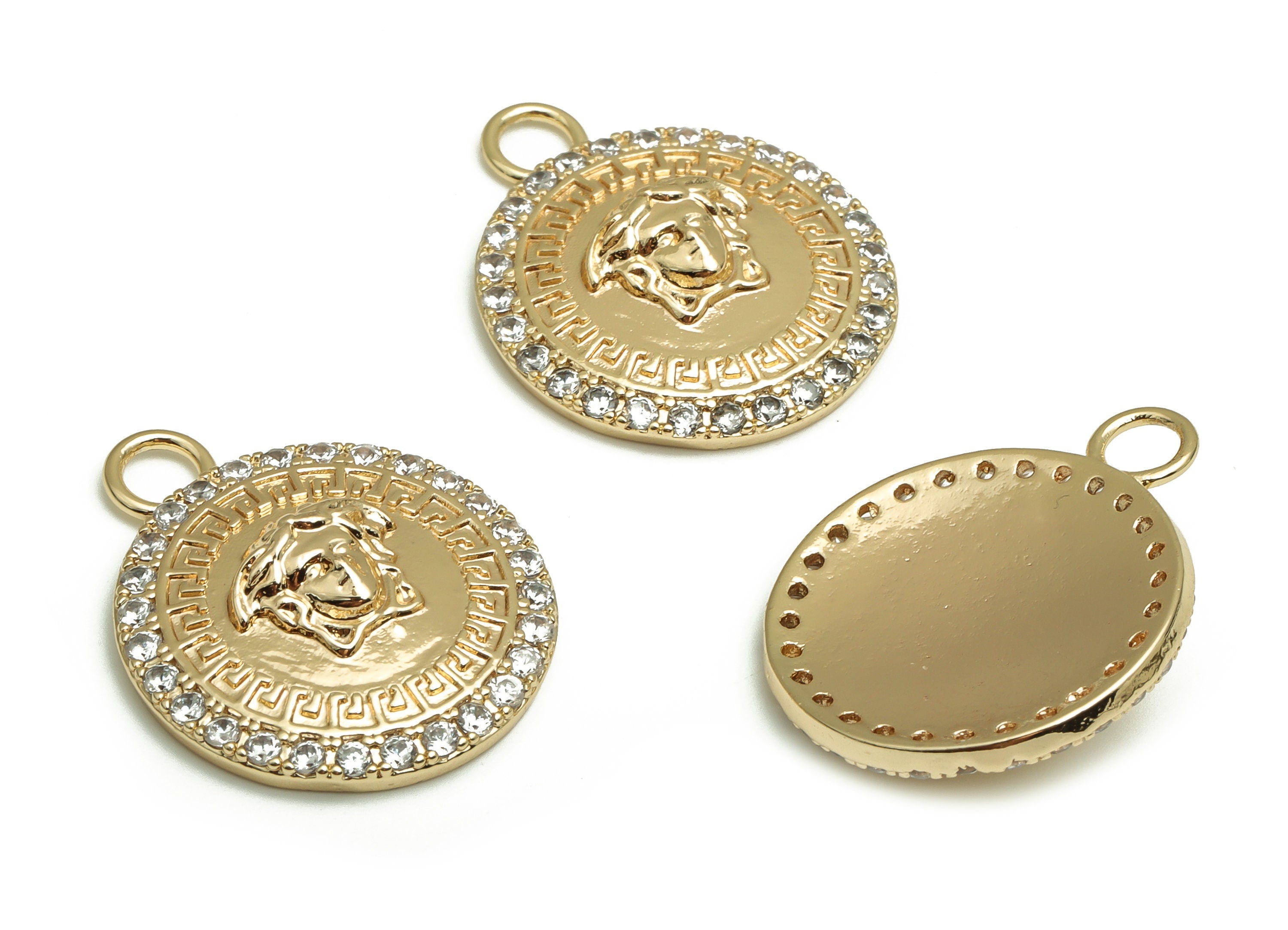 Brass Round Earring Charms With Zircons - Gold Face Pendant - 18K Real Gold Plated Brass - Jewelry Supplies - 24.96x20.51x5.3mm- RGP4124 - DOMEDBAZAAR