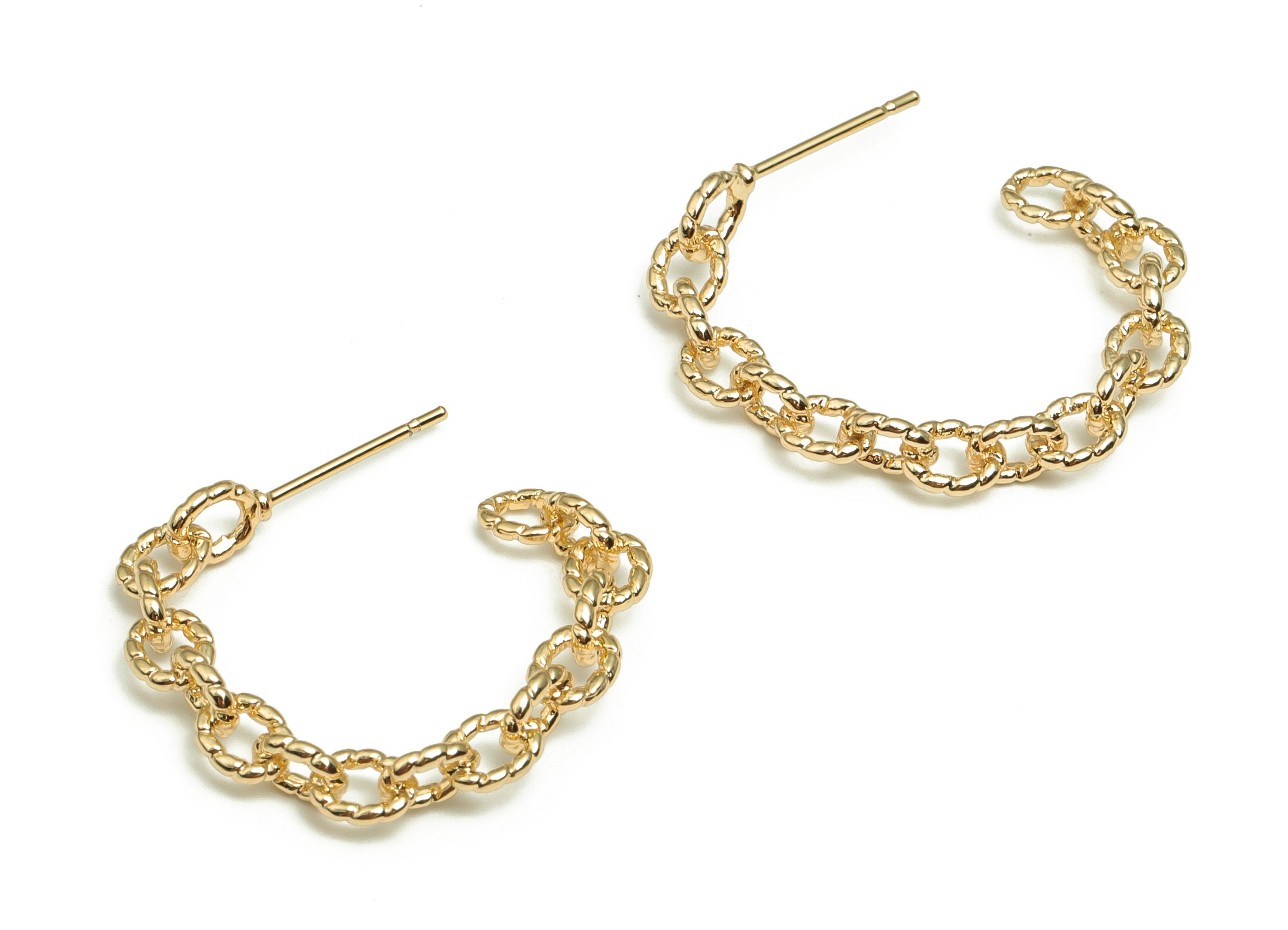 Brass Link Chain Earring Stud - Gold Open Hoop Earring Post - Stainless Steel Studs - 18k Real Gold Plated Brass - 25.82x22.66x4mm - RGP4131 - DOMEDBAZAAR