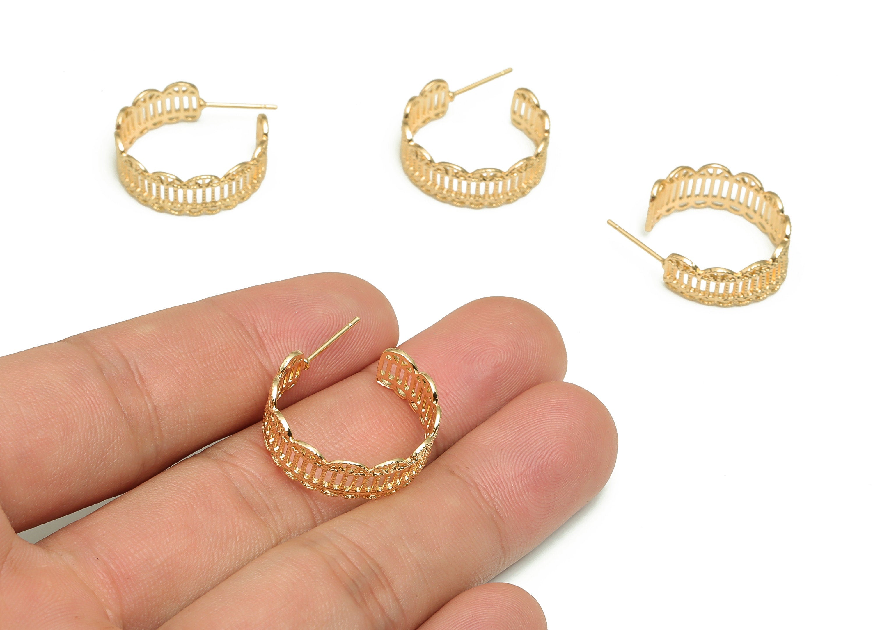 Brass Texture C Earring Post - Gold C Earring Stud - 18K Real Gold Plated Brass - Stainless Steel Stud - 21.69x16.69x1.14mm - RGP4077 - DOMEDBAZAAR