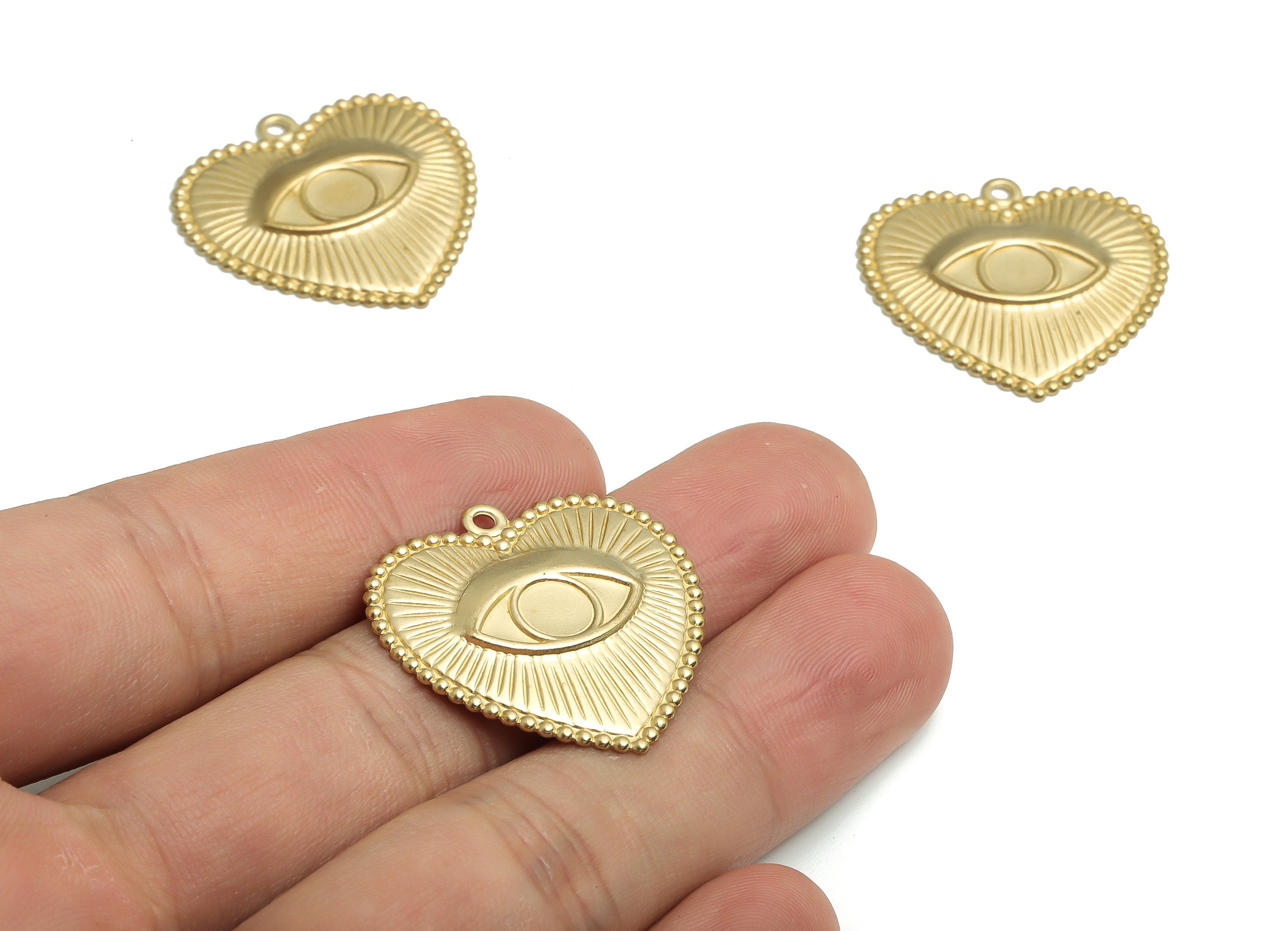 Brass Heart Earring Charms - Raw Brass Evil Eye Necklace Pendant - DIY Jewelry Making Supplies - 28.41x27.99x2.1mm- PP4726 - DOMEDBAZAAR