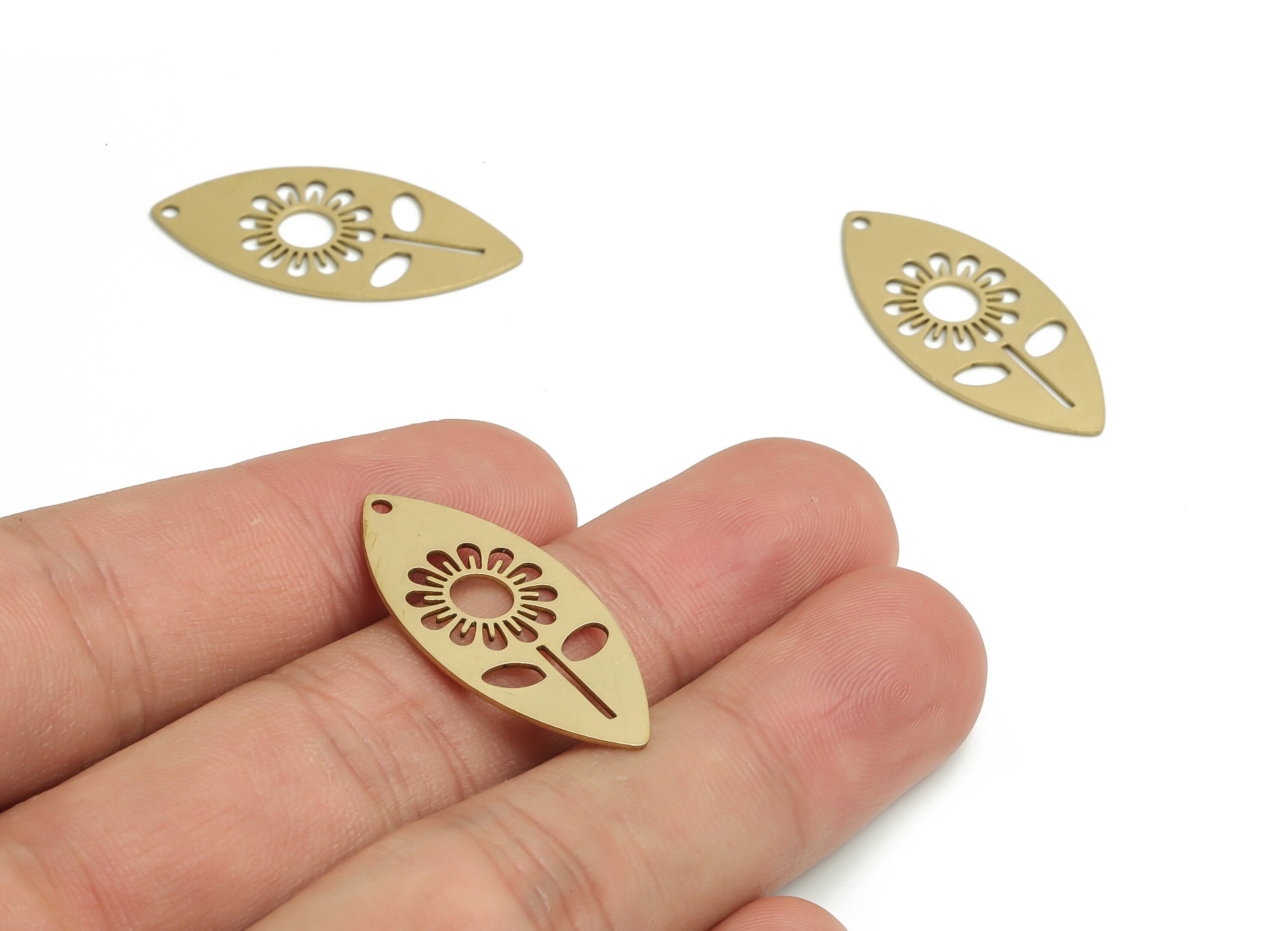 Raw Brass Oval Sunflower Pendant – Brass Oval Flower Earring Charm - Jewelry Making Supplies - 31.01x14.54x0.58mm - PP4754 - DOMEDBAZAAR