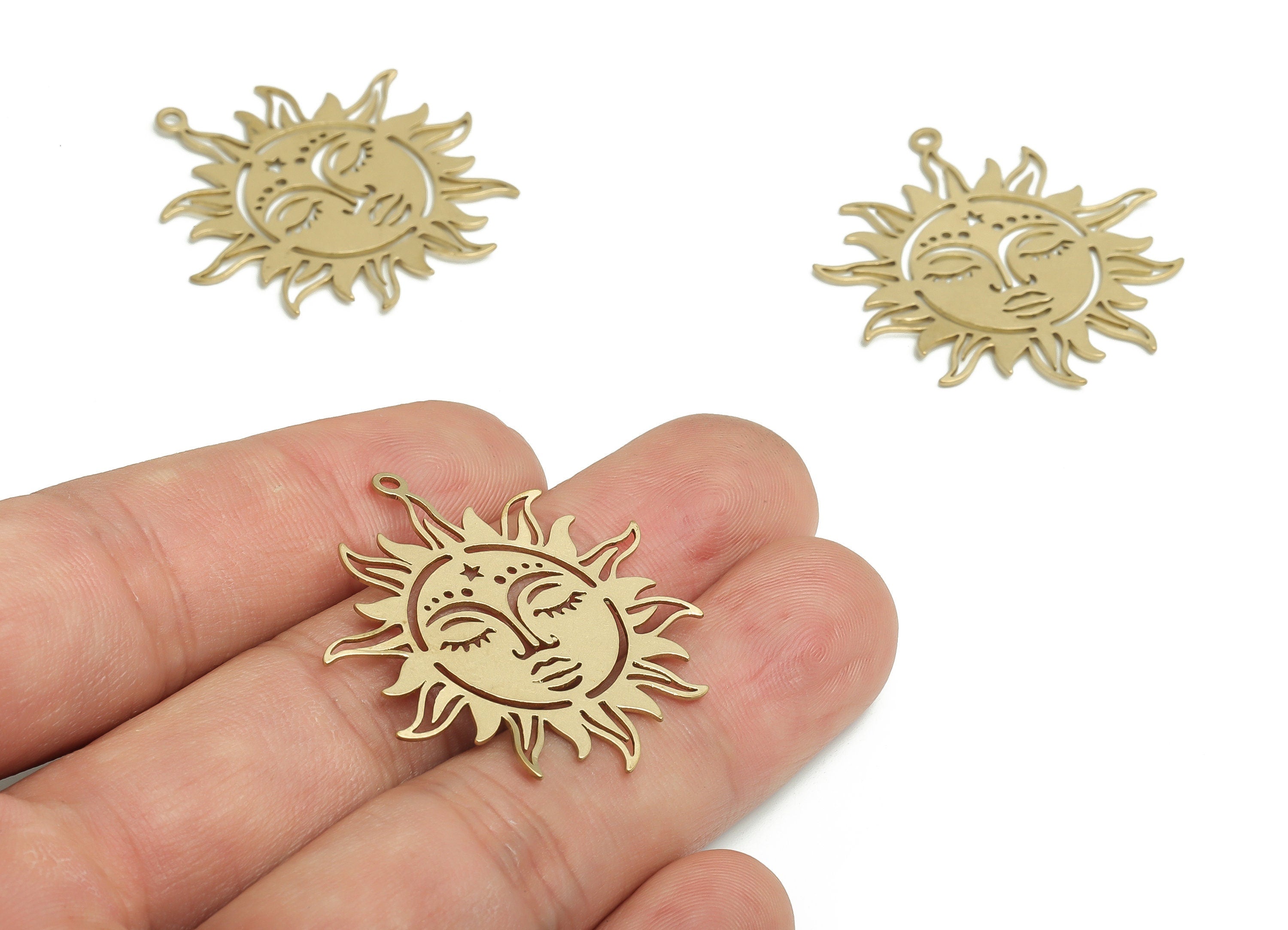 Brass Sun Face Earring Charms - Raw Brass Face Pendant - DIY Jewelry Making Supplies - 35.34x33.56x0.63mm- PP4743 - DOMEDBAZAAR