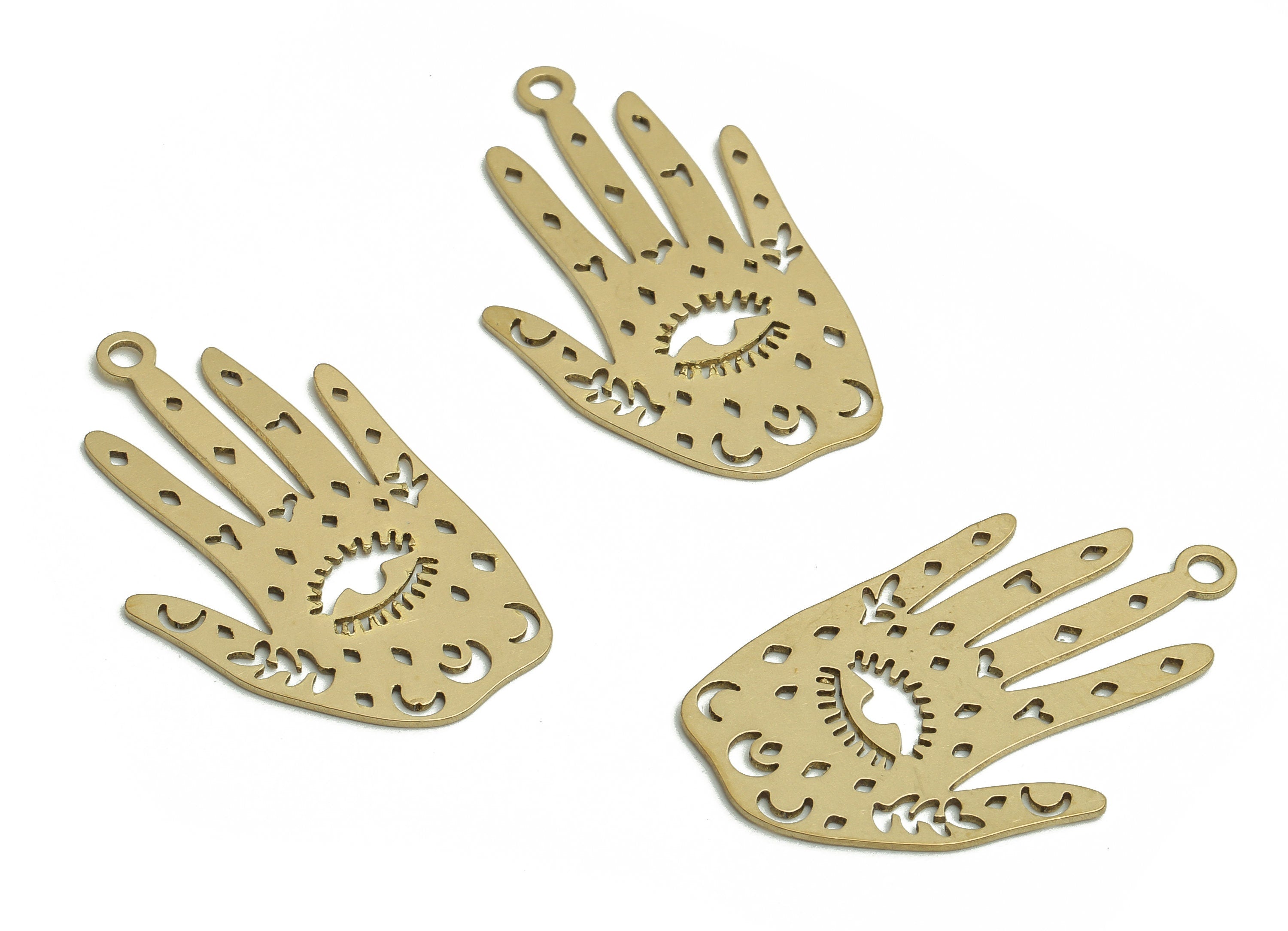 Brass Hand Eye Earring Charms - Raw Brass Moon Leaf Pendant - DIY Jewelry Making Supplies - 29.88x18.68x0.6mm - PP4768 - DOMEDBAZAAR