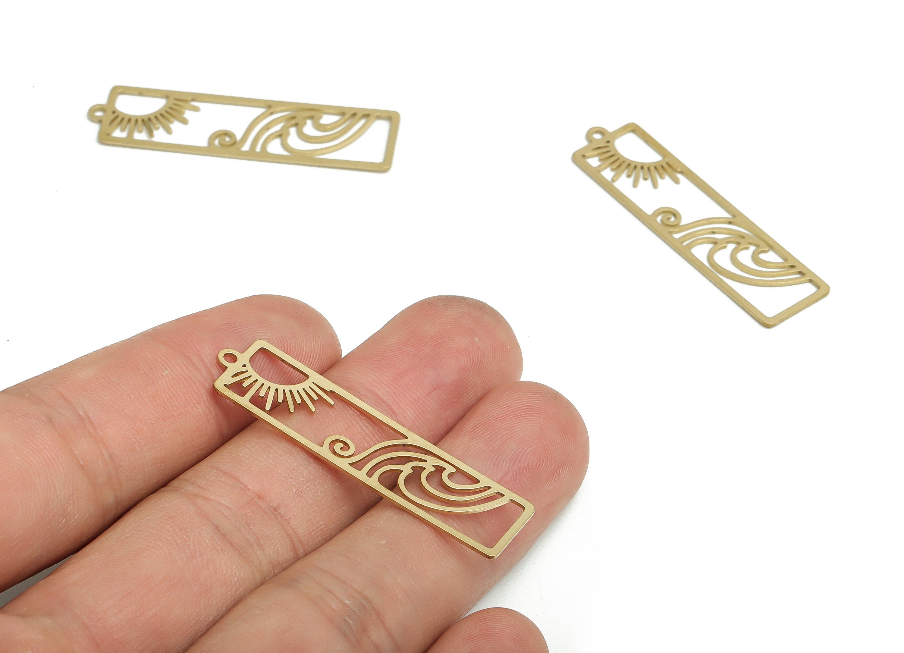 Brass Rectangle Earring Charms - Raw Brass Sun Cloud Pendant - DIY Jewelry Making Supplies - 41.51x11.06x0.63mm - PP4777 - DOMEDBAZAAR