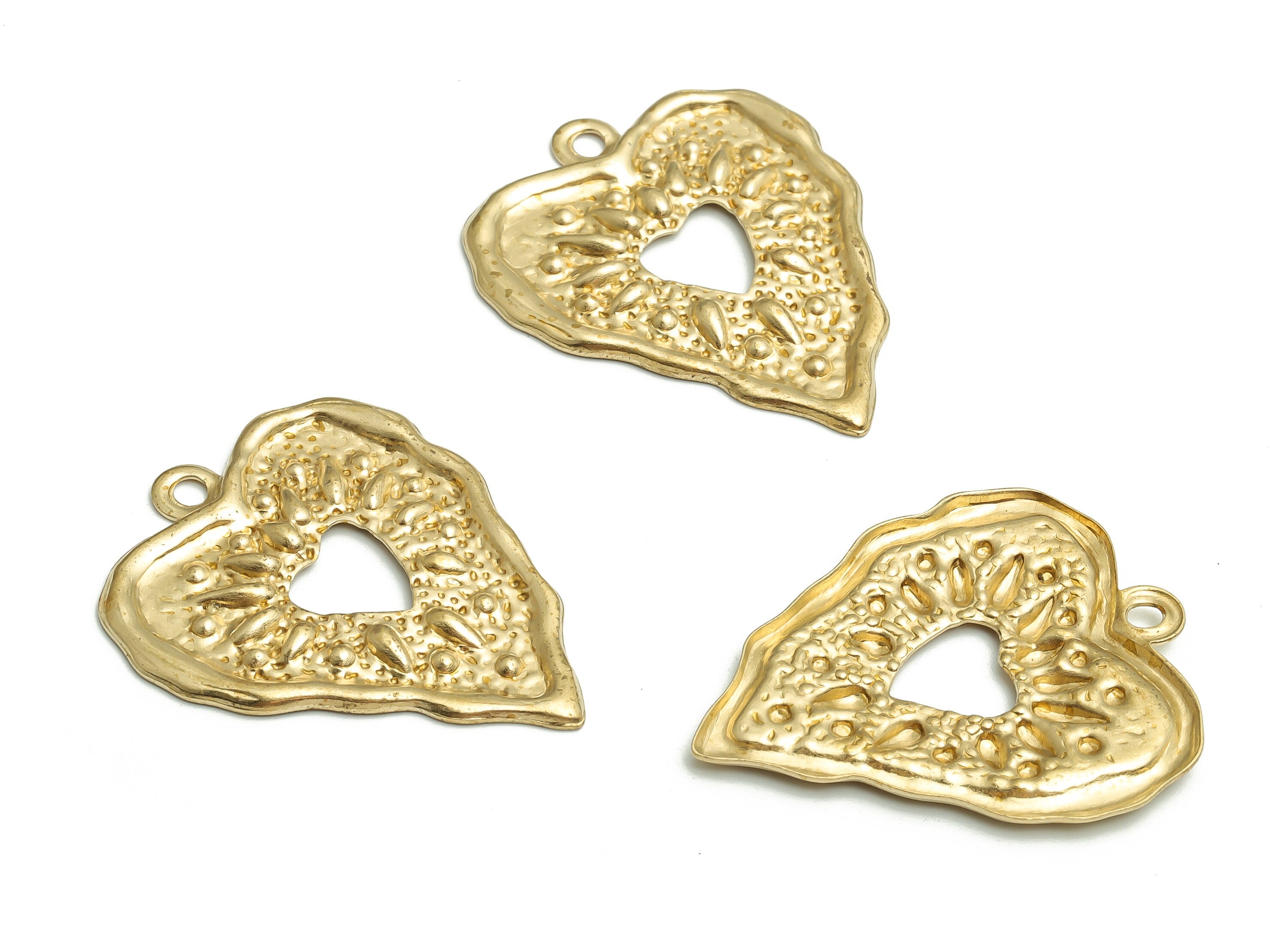 Brass Hammered Heart Earring Charms - Raw Brass Heart Pendant - DIY Jewelry Making Supplies - 34.24x27.89x1.82mm - PP4711 - DOMEDBAZAAR
