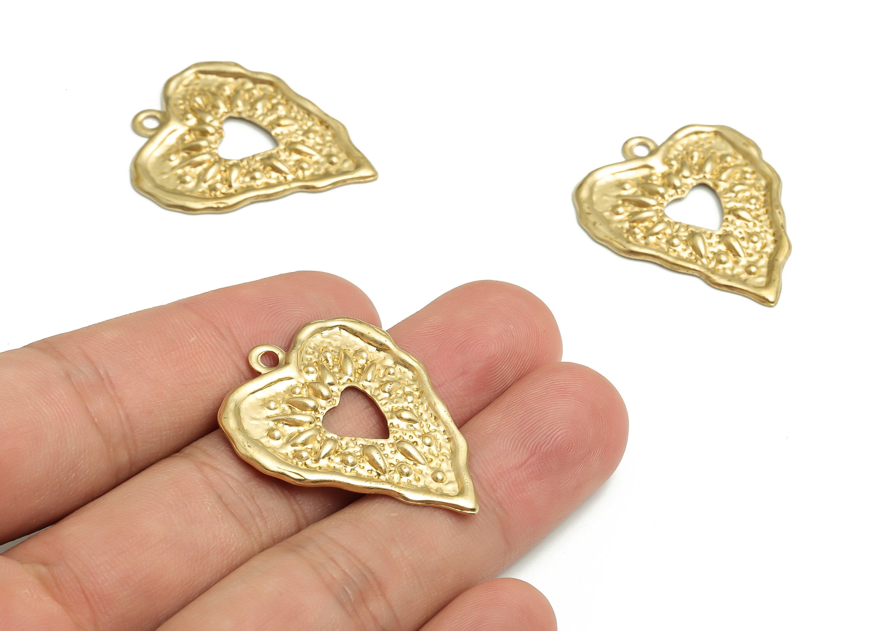 Brass Hammered Heart Earring Charms - Raw Brass Heart Pendant - DIY Jewelry Making Supplies - 34.24x27.89x1.82mm - PP4711 - DOMEDBAZAAR