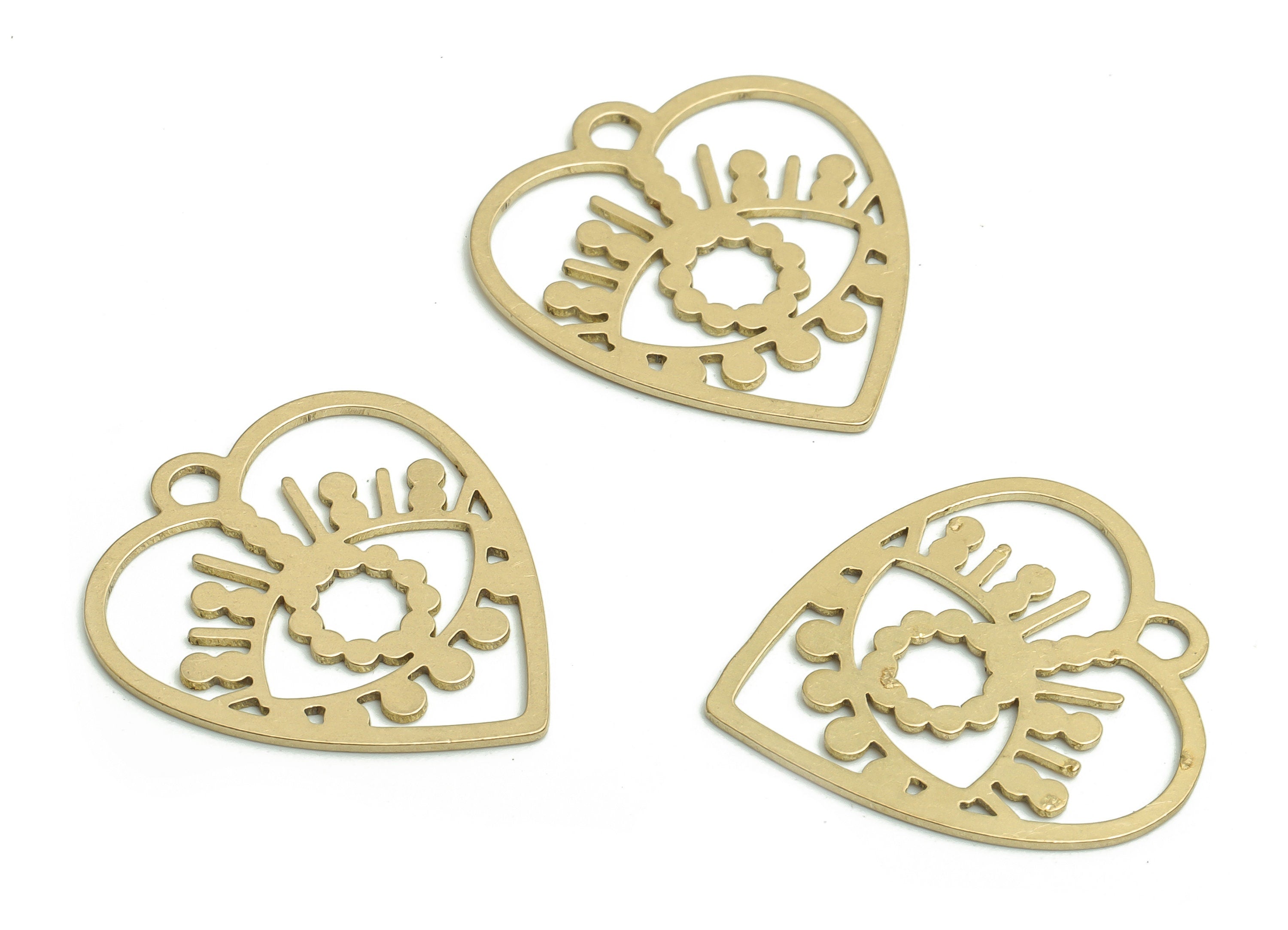 Brass Heart Shaped Eye Earring Charms - Raw Brass Eye Pendant  - Jewelry Making Supplies - 21.62x19.73x0.56mm - PP4176 - DOMEDBAZAAR