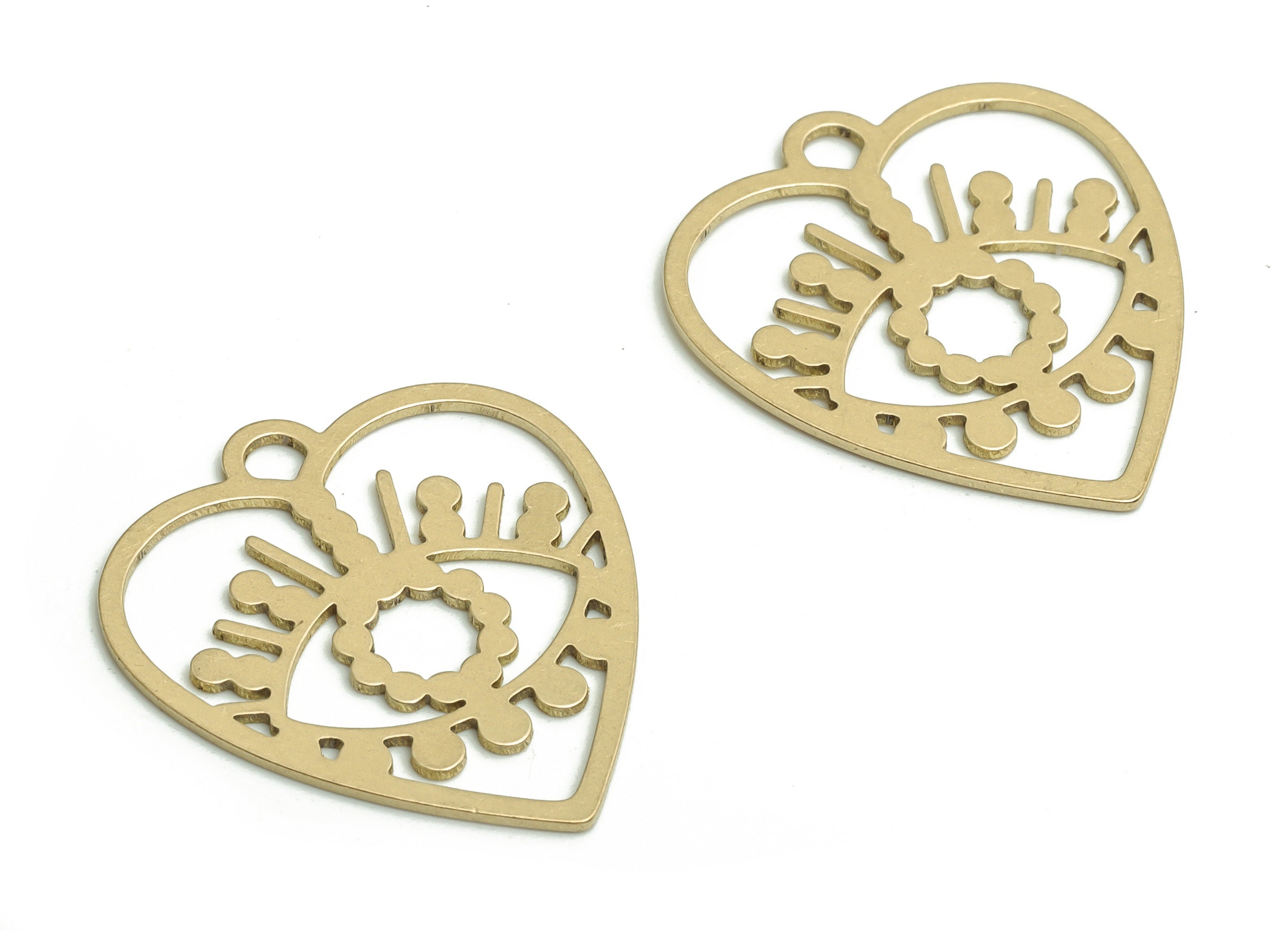 Brass Heart Shaped Eye Earring Charms - Raw Brass Eye Pendant  - Jewelry Making Supplies - 21.62x19.73x0.56mm - PP4176 - DOMEDBAZAAR