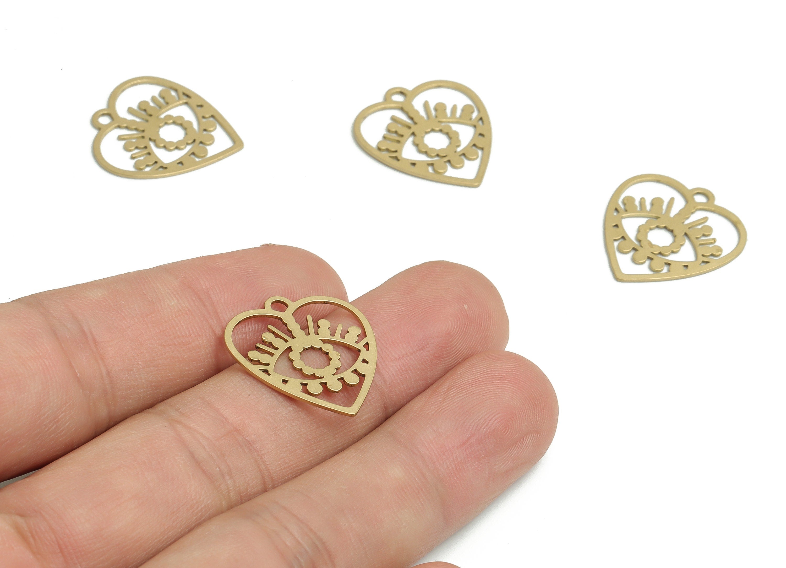 Brass Heart Shaped Eye Earring Charms - Raw Brass Eye Pendant  - Jewelry Making Supplies - 21.62x19.73x0.56mm - PP4176 - DOMEDBAZAAR