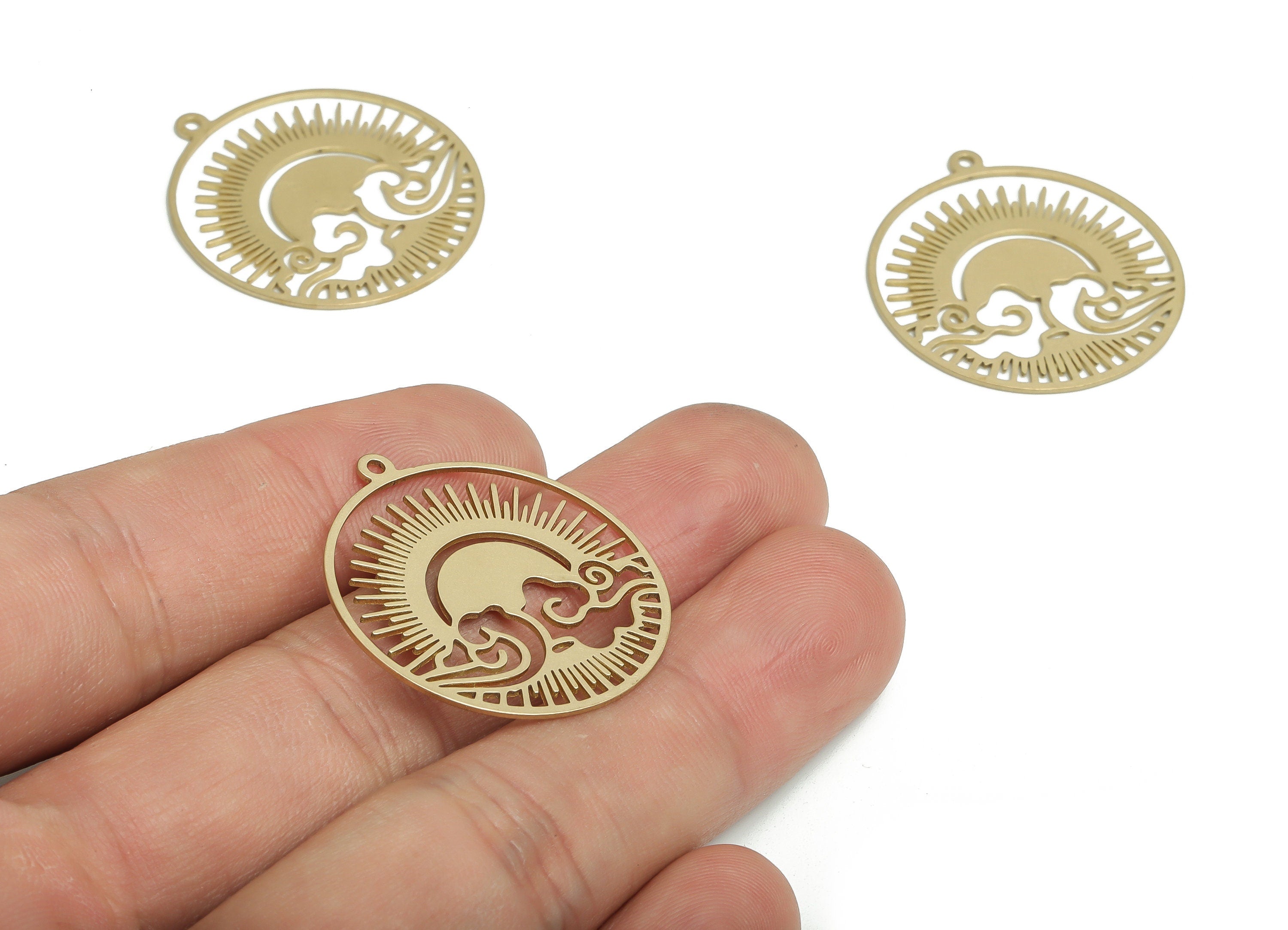 Brass Round Earring Charms - Raw Brass Sun Cloud Pendant - DIY Jewelry Making Supplies - 30.52x27.81x0.6mm - PP4739 - DOMEDBAZAAR