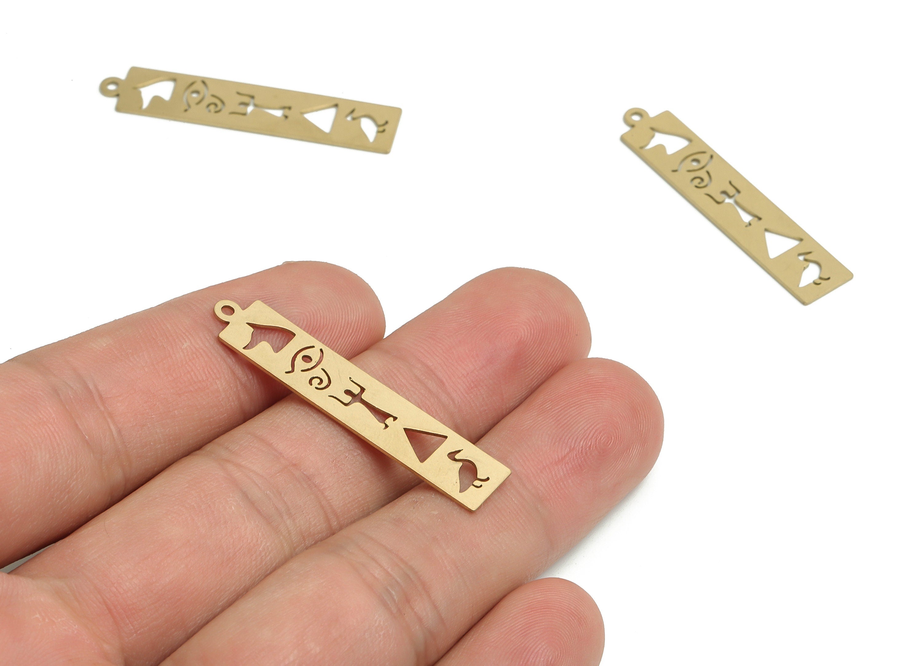 Brass Rectangle Hieroglyph Earring Charms -Raw Brass Egypt Ancient Pendant – Esoteric Charm - Jewelry Supplies - 39.01x8.01x0.61mm - PP4758 - DOMEDBAZAAR