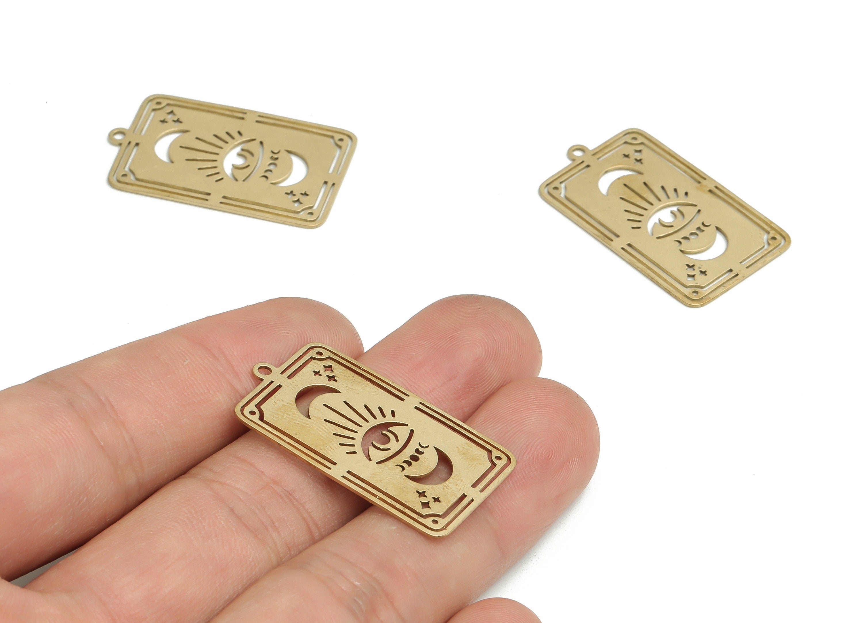 Brass Rectangle Eye Earring Charms - Raw Brass Moon Star Pendant - Jewelry Making Supplies - 33.02x19.16x0.61mm - PP4810 - DOMEDBAZAAR