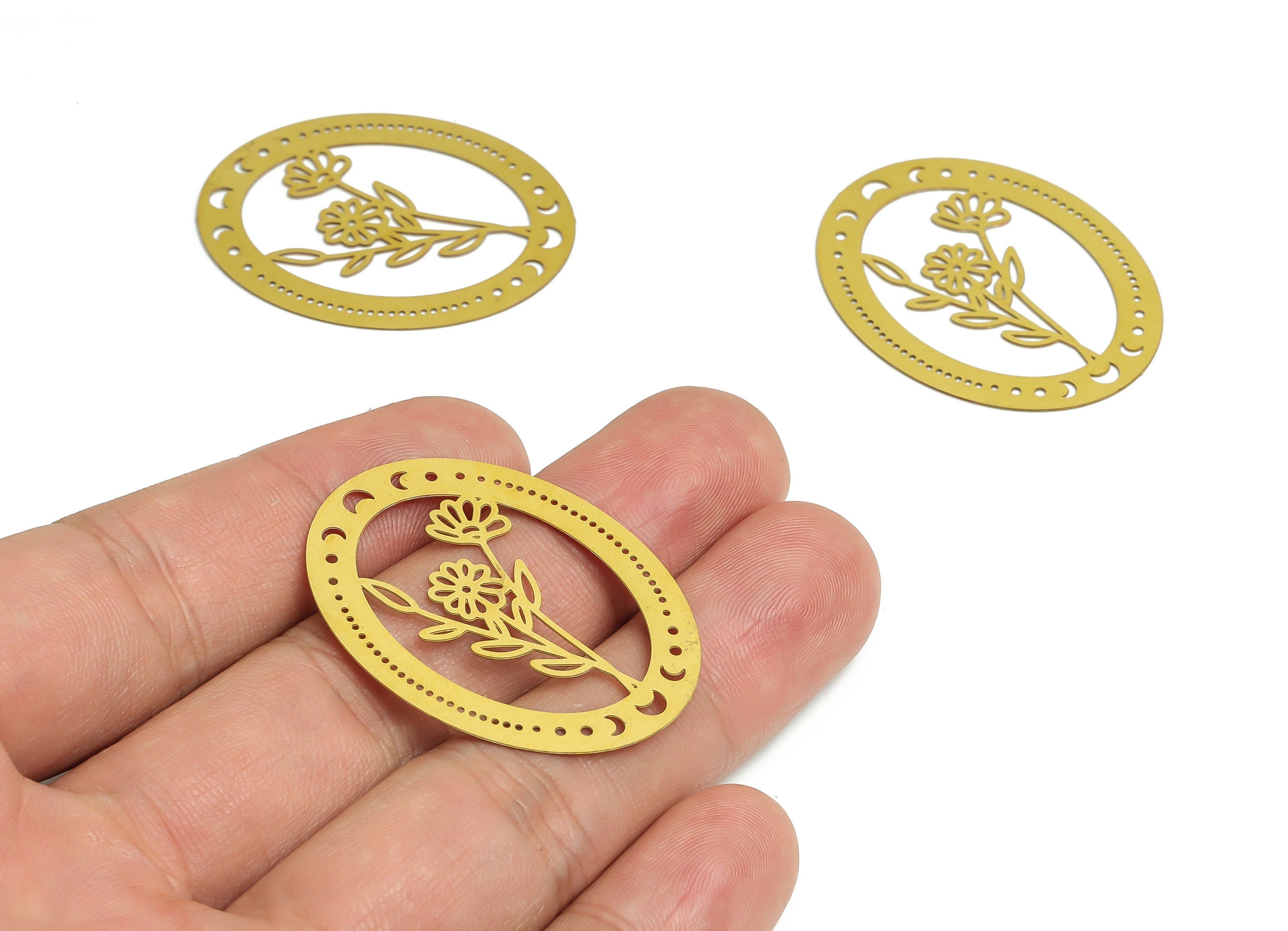 Brass Oval Earring Charms - Raw Brass Flower Moon Pendant - Jewelry Making Supplies - 37.95x30.44x0.28mm - JJB6767 - DOMEDBAZAAR