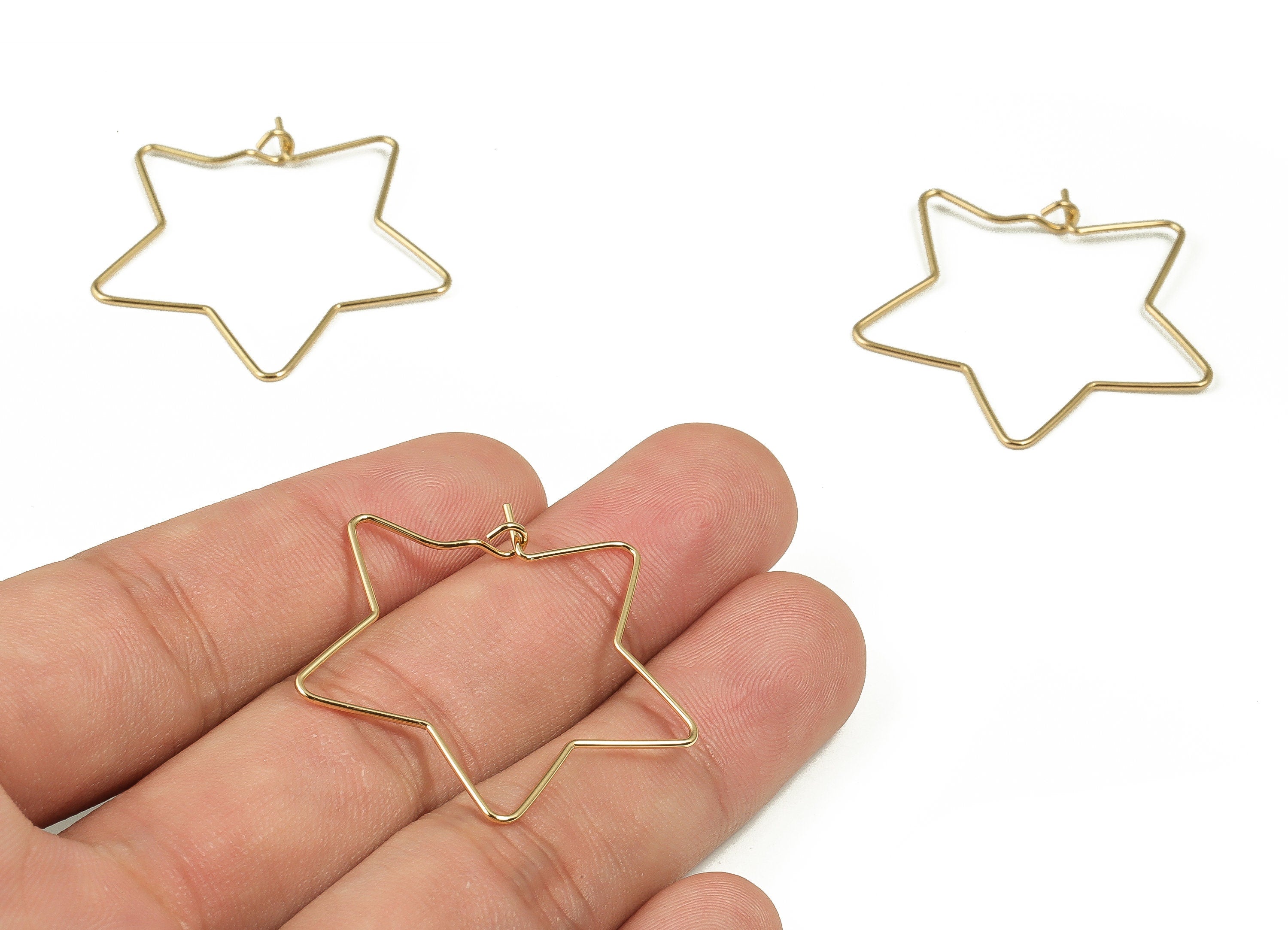Brass Star Hoop Earrings - Wire Star Earring - Gold Star Hoops - Wire Hoops - 18k Real Gold Plated Brass - 36.88x35.09x0.78mm - RGP4052 - DOMEDBAZAAR