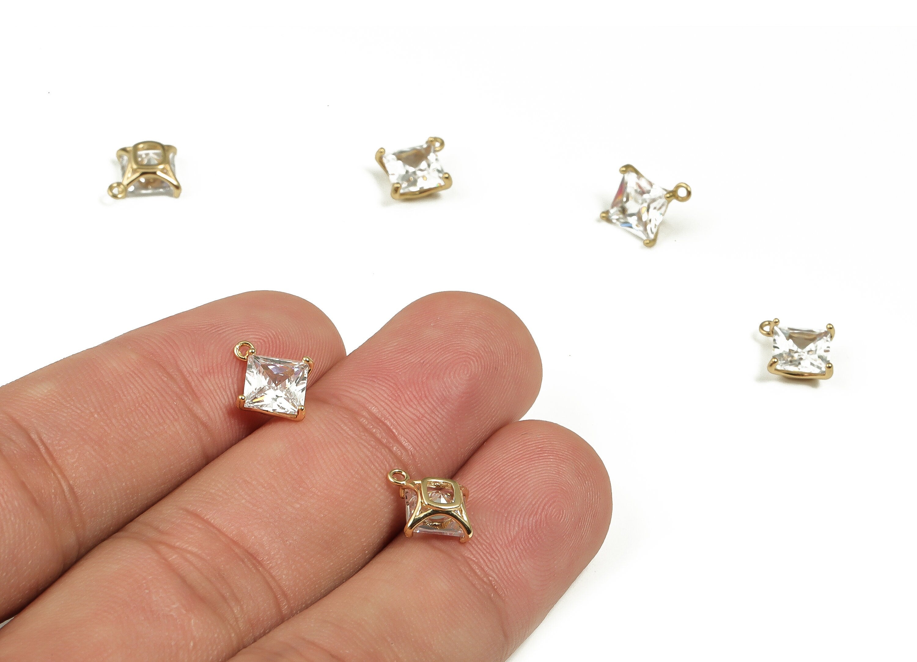 Bling Clear Zircon Square Pendant Charm – Square Earring Charm – 18K Real Gold Plated Brass - Jewelry Finding – 10.89x9.40x3.72mm – RGP4040 - DOMEDBAZAAR