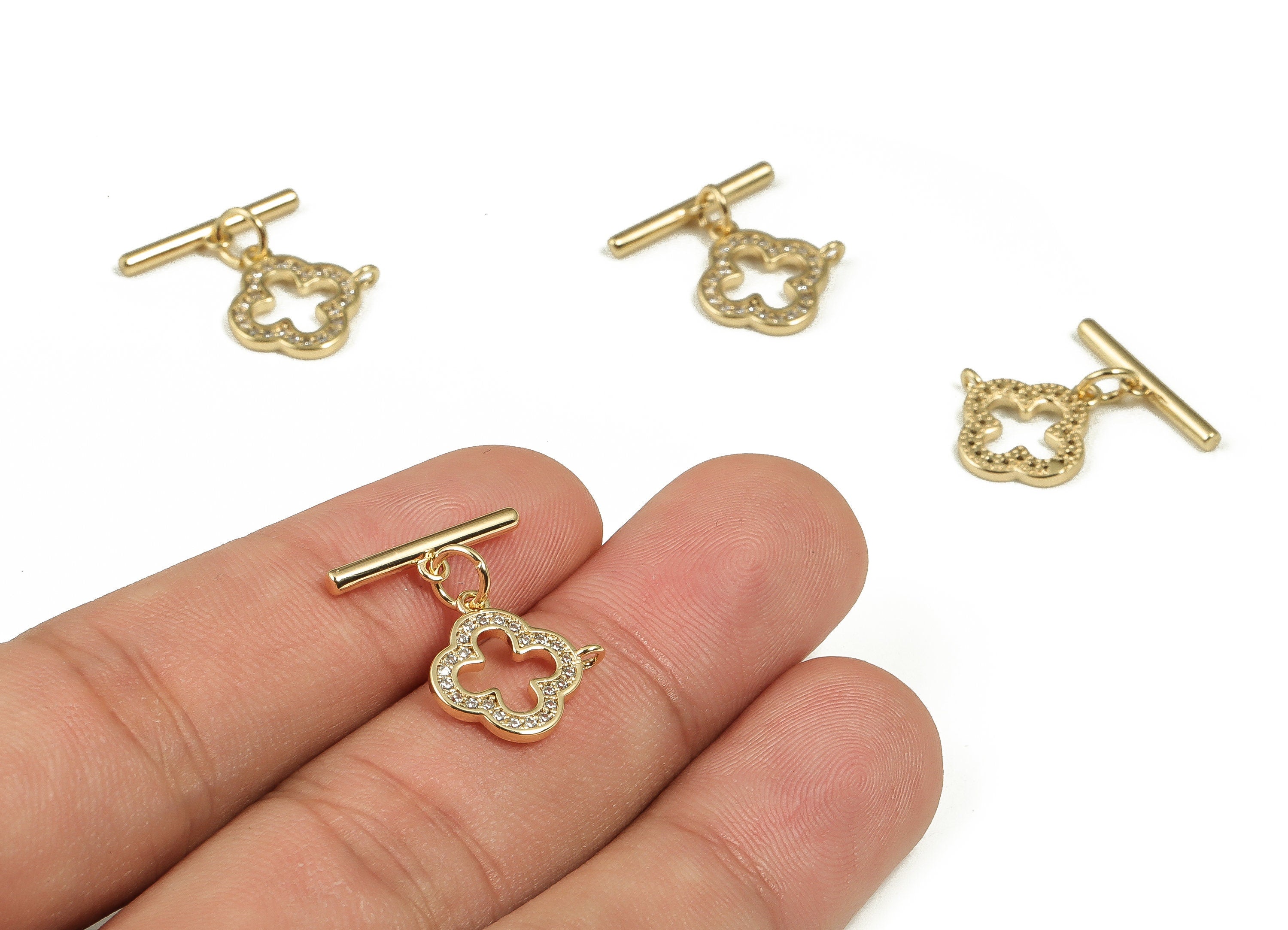 Round Toggle Clasp With Zircons – Gold Tone Clover Toggle Clasp – 18K Real Gold Plated Brass - Jewelry Supplies - 17.81x13.97x1.8mm -RGP4123 - DOMEDBAZAAR