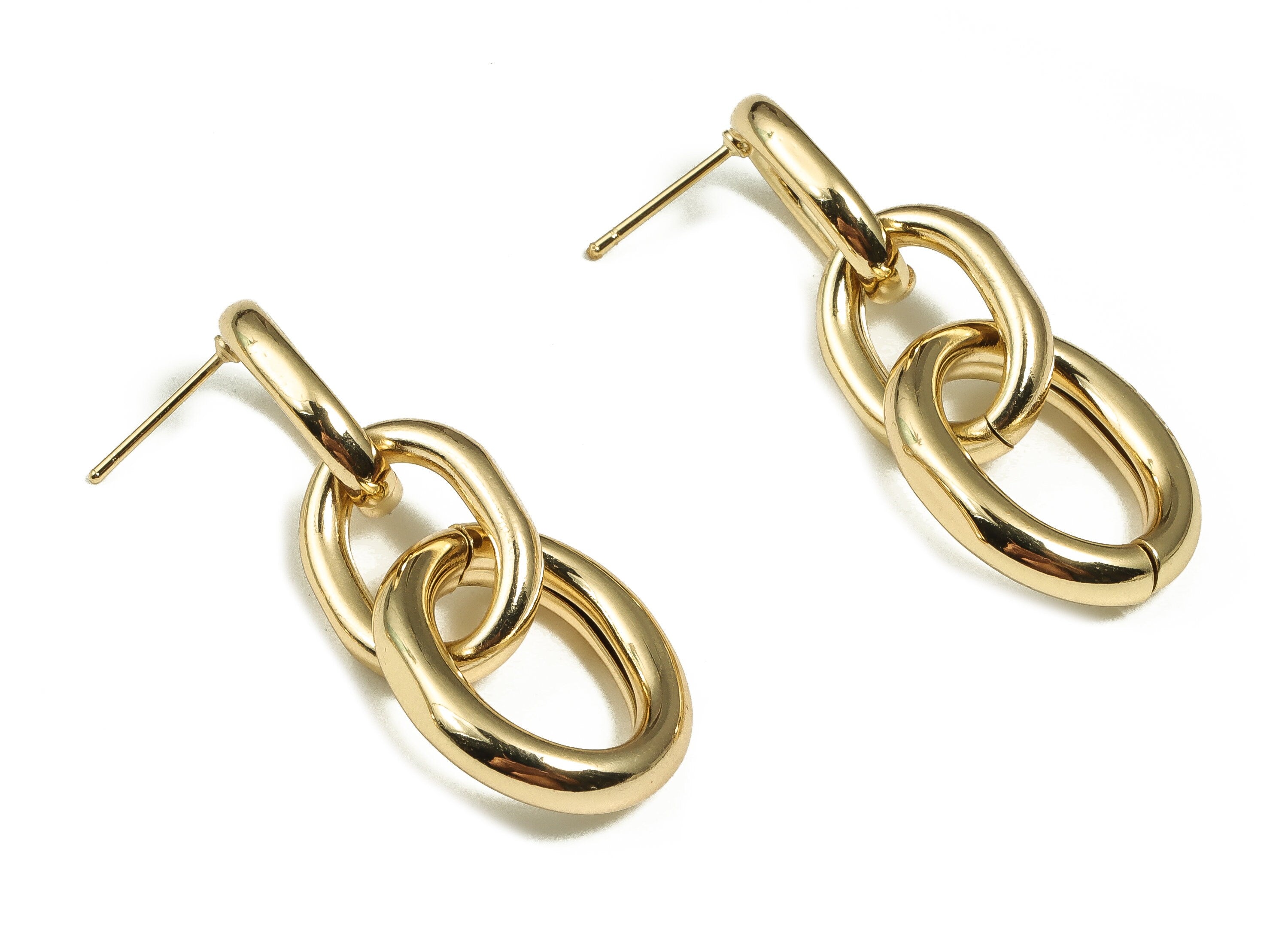 Brass Oval Earring Stud - 3 Oval Rings Earring Post – Oval Chain Stud - 18K Real Gold Plated Brass – Jewelry Supply - 21.2x4.05mm - RGP4034 - DOMEDBAZAAR