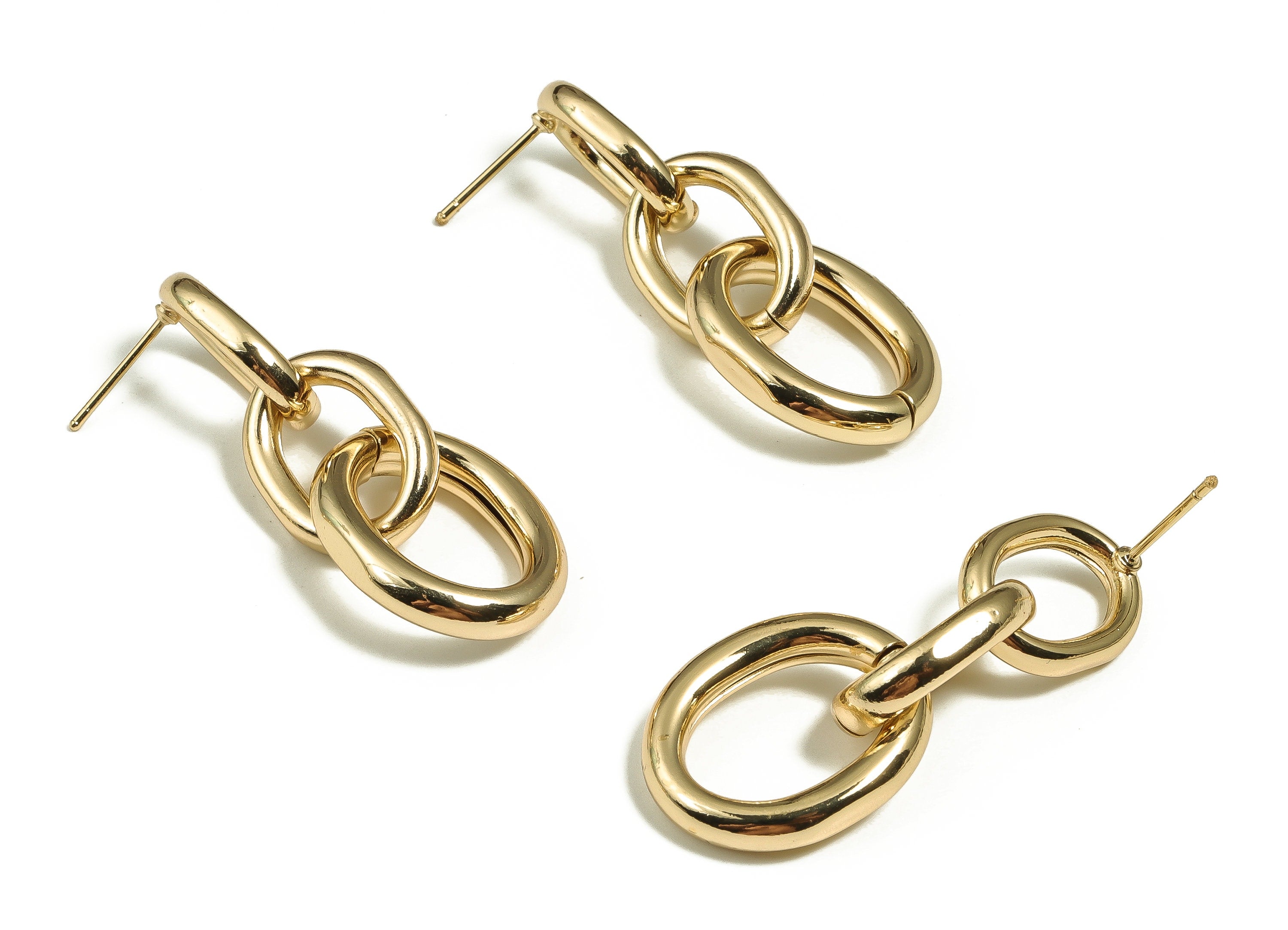 Brass Oval Earring Stud - 3 Oval Rings Earring Post – Oval Chain Stud - 18K Real Gold Plated Brass – Jewelry Supply - 21.2x4.05mm - RGP4034 - DOMEDBAZAAR