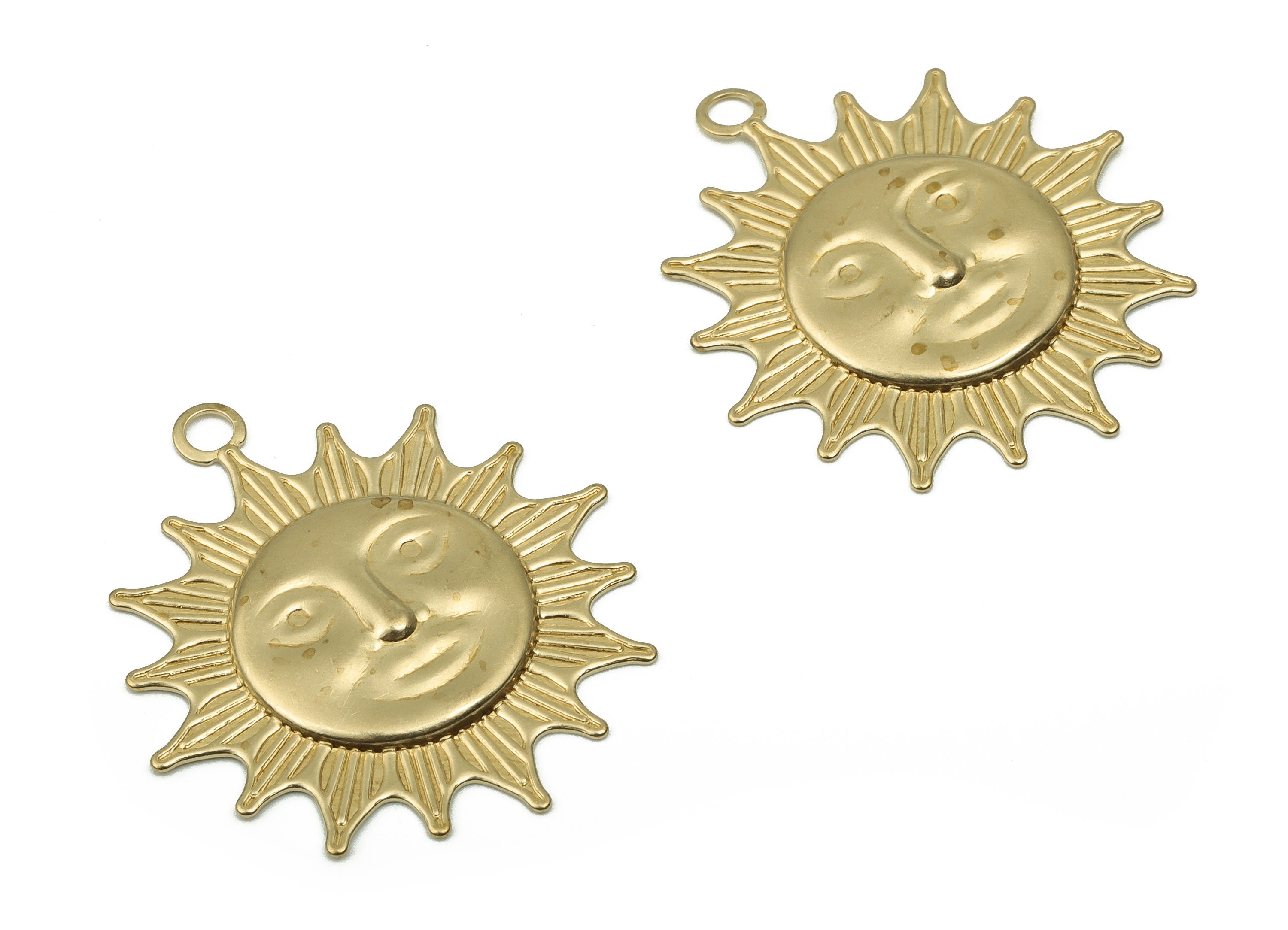 Brass Sun Earring Charms - Raw Brass Face Pendant - Round Sun Flares - DIY Jewelry Making Supplies - 31.8x28.73x1.6mm - PP4823 - DOMEDBAZAAR