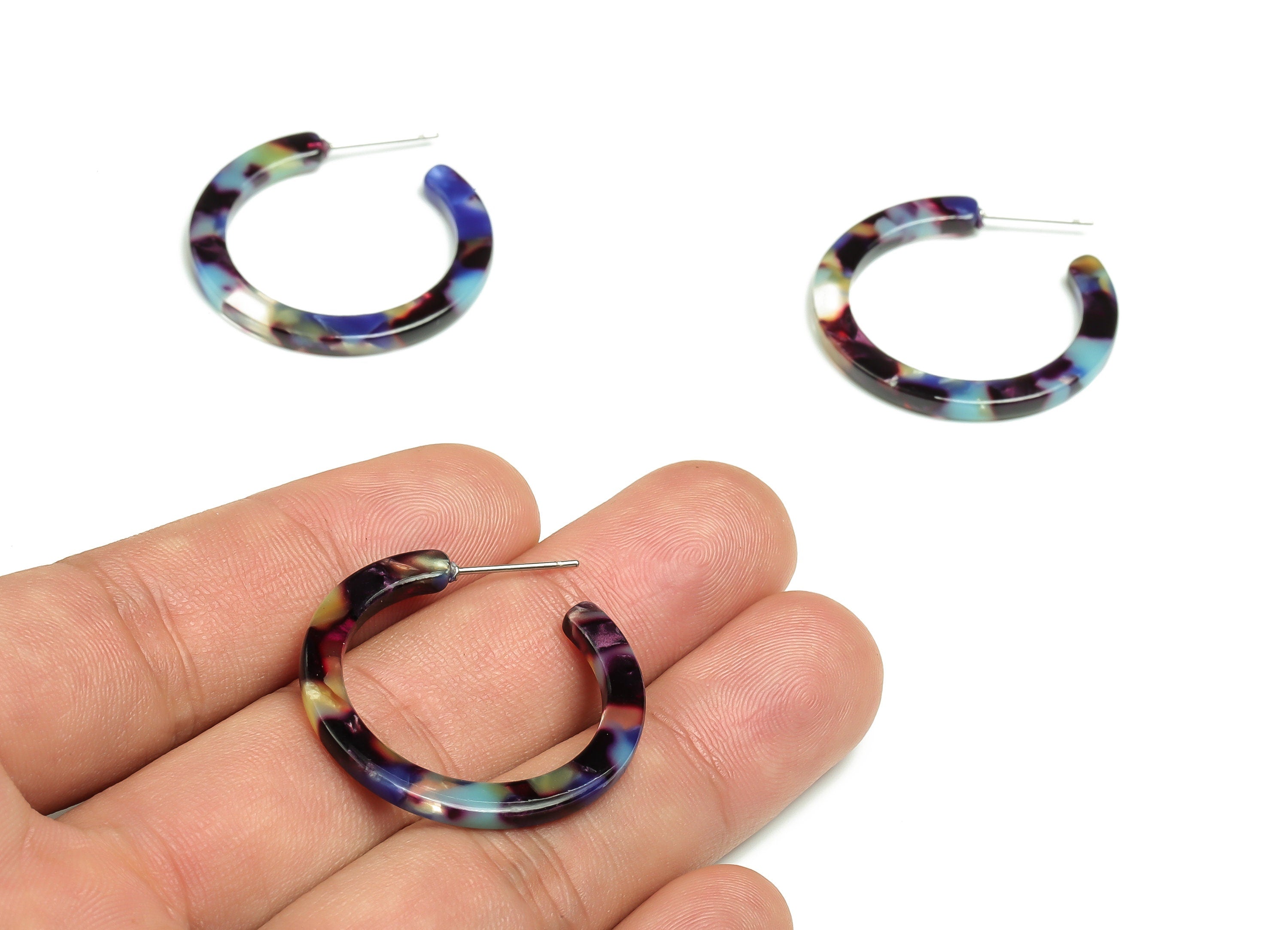 Open Hoop Earrings Stud - 1.2 inch Hoop Earring - Blue Mix Round Earring Post - Color Code: A55 - 31.13x30.62x2.66mm - AC1829-A55 - DOMEDBAZAAR