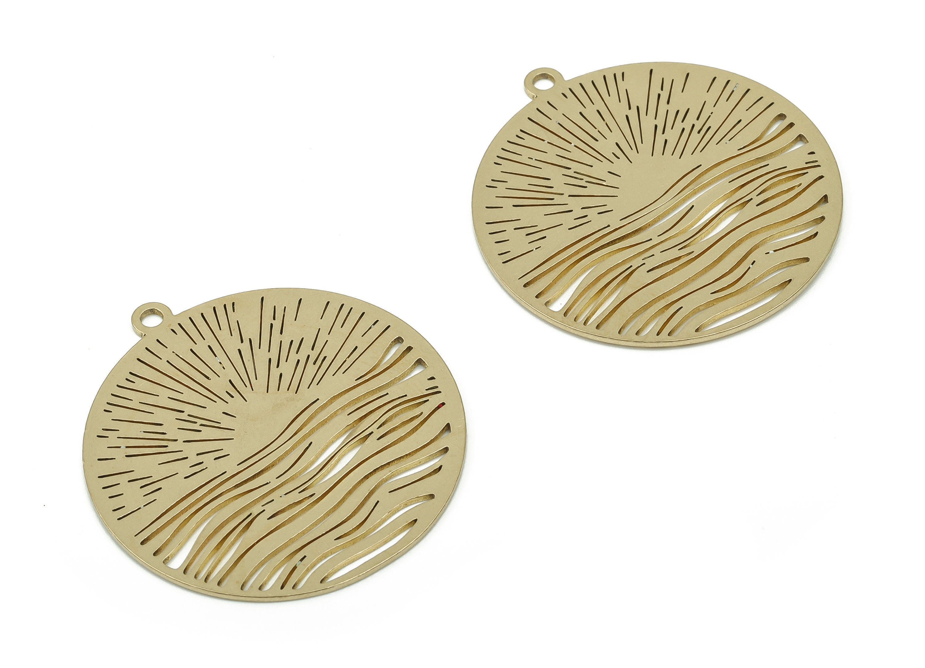 Brass Round Sea Sparkle Earring Charms - Raw Brass Sun Waves Pendant - Jewelry Making Supplies - 37.77x34.84x0.88mm - PPA0091 - DOMEDBAZAAR