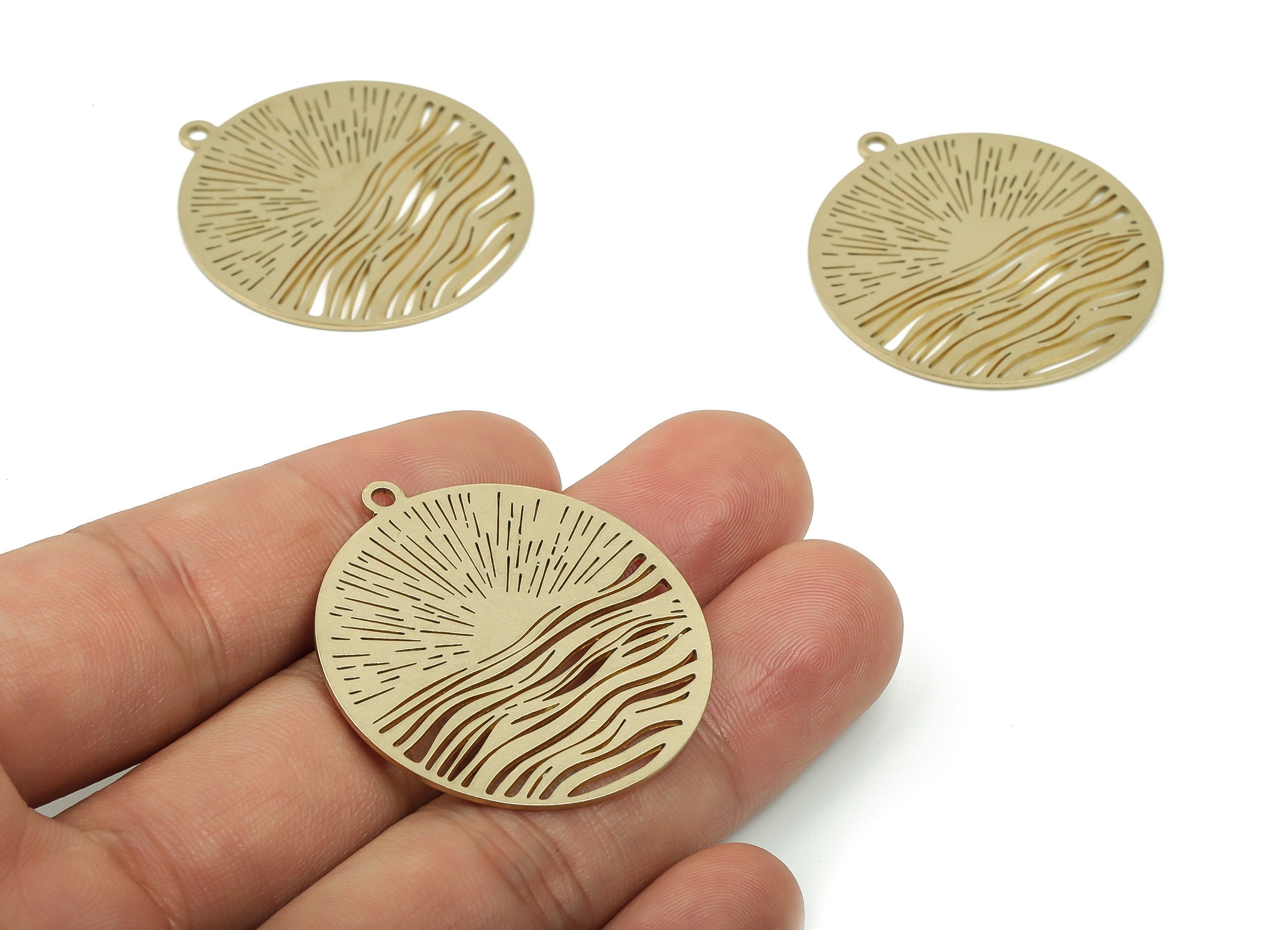 Brass Round Sea Sparkle Earring Charms - Raw Brass Sun Waves Pendant - Jewelry Making Supplies - 37.77x34.84x0.88mm - PPA0091 - DOMEDBAZAAR