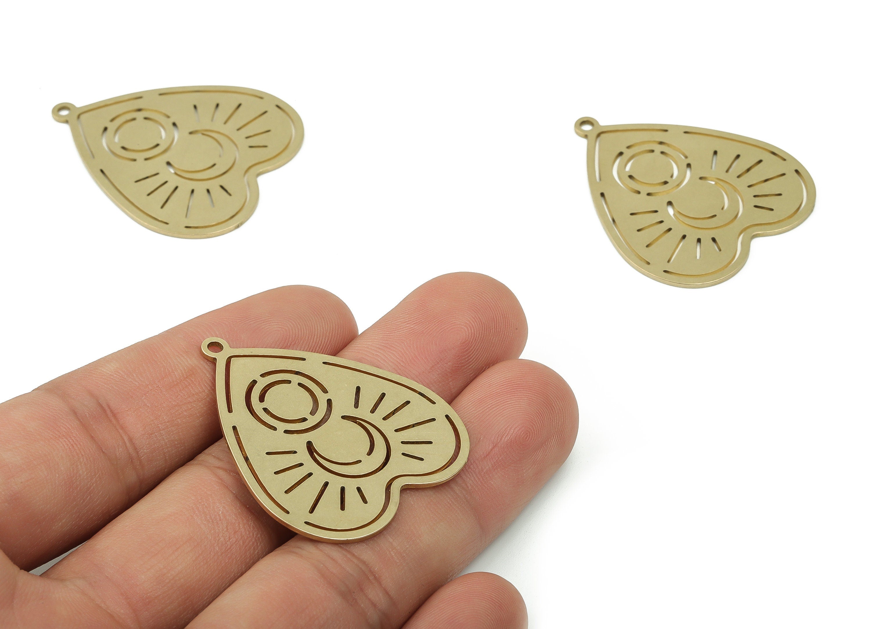 Brass Heart Earring Charms - Raw Brass Sun Moon Pendant - DIY Jewelry Making Supplies - 37.7x32.07x0.9mm - PPZ0045 - DOMEDBAZAAR