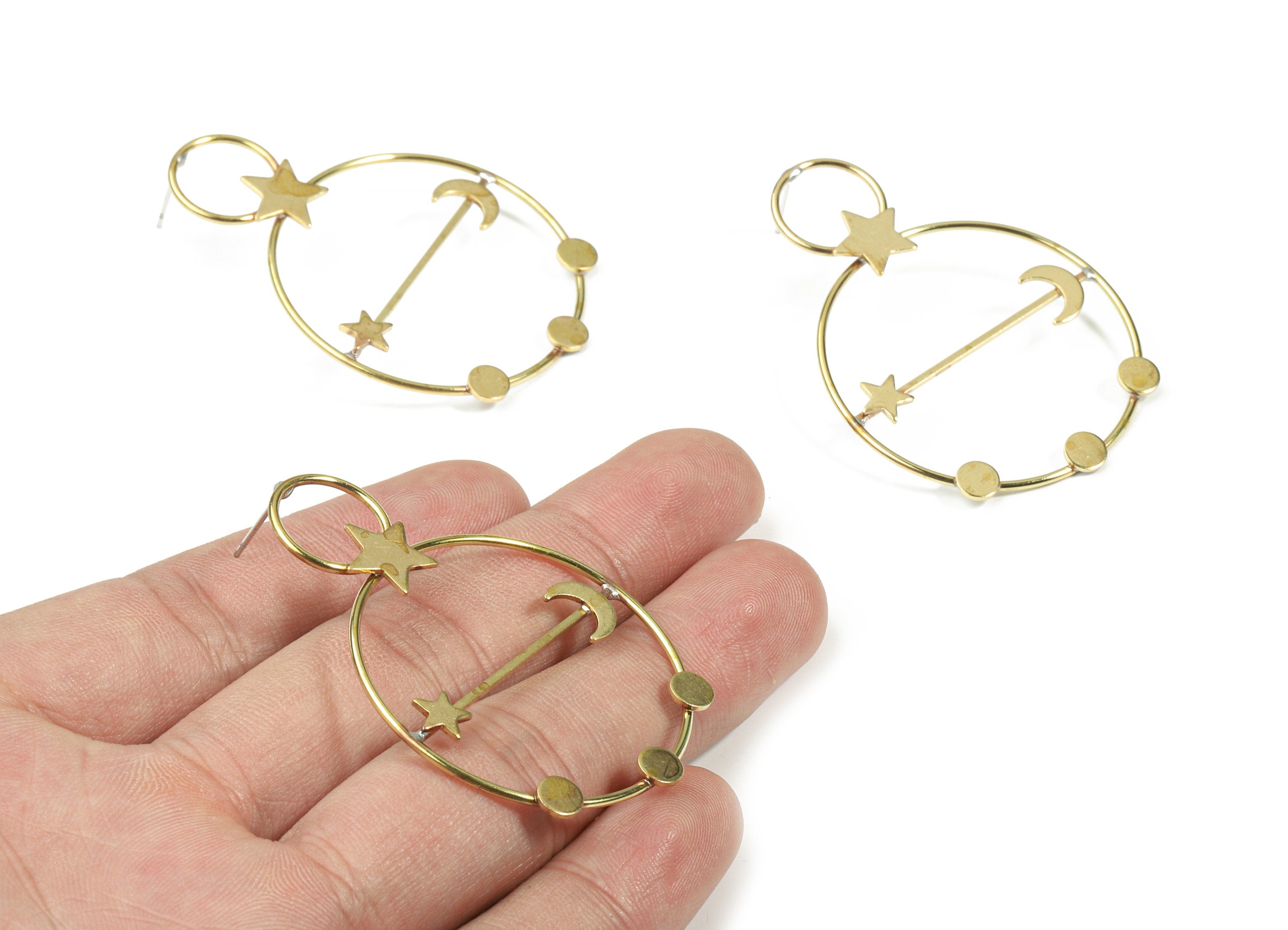 Brass Hoops Stud Earring - Raw Brass Stars Moons Earring Post - Surgical Stud - Earring Post - Jewelry Supplies - 53.4x37.98x2.49mm - PP3319 - DOMEDBAZAAR