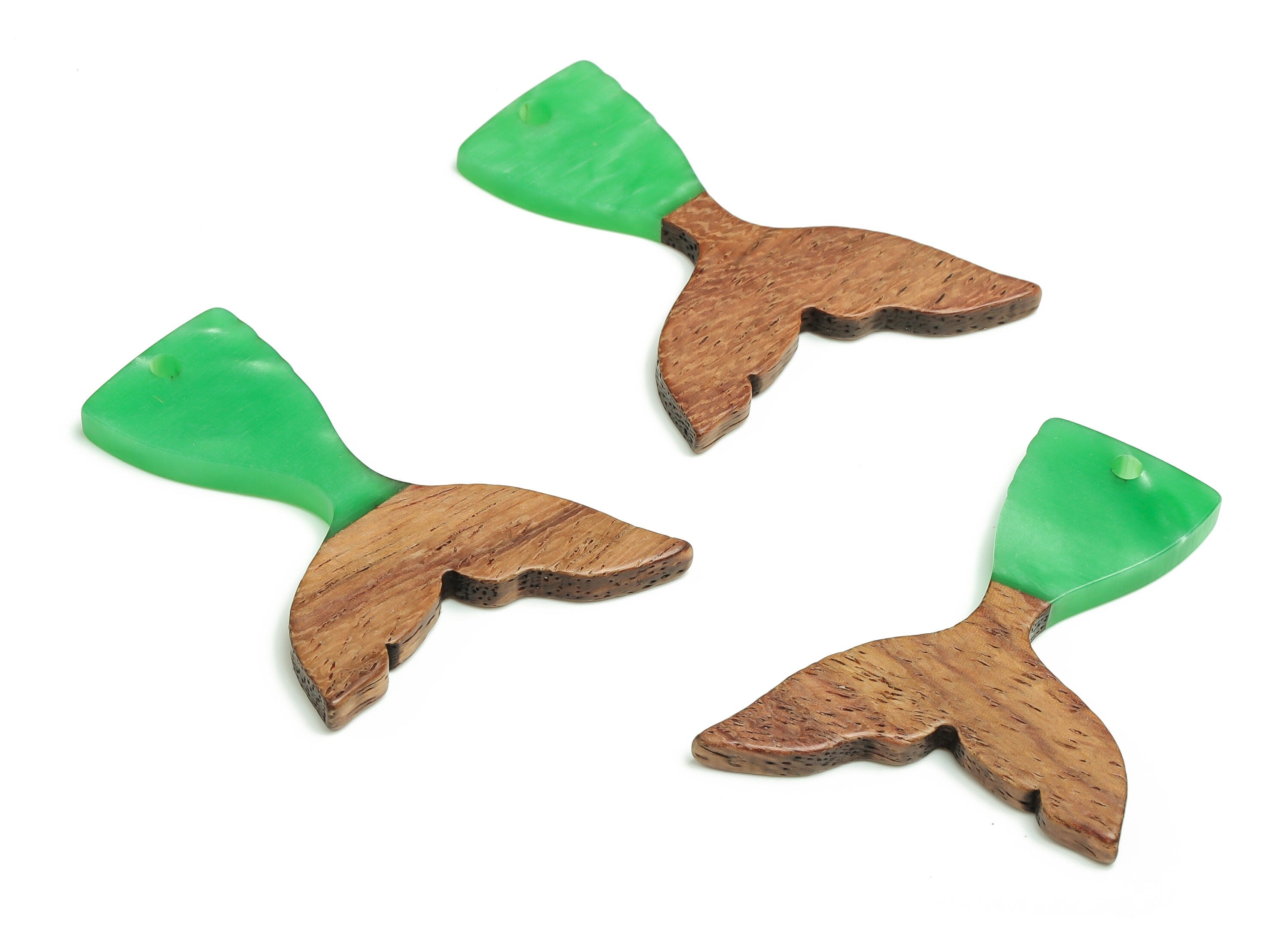 Walnut Wood Fish tail Charms - Resin Fish tail Pendant - Light Green & Coffee Resin Fish tail - Jewelry Supplies - 38.49x28x3.1mm - BB1101H - DOMEDBAZAAR