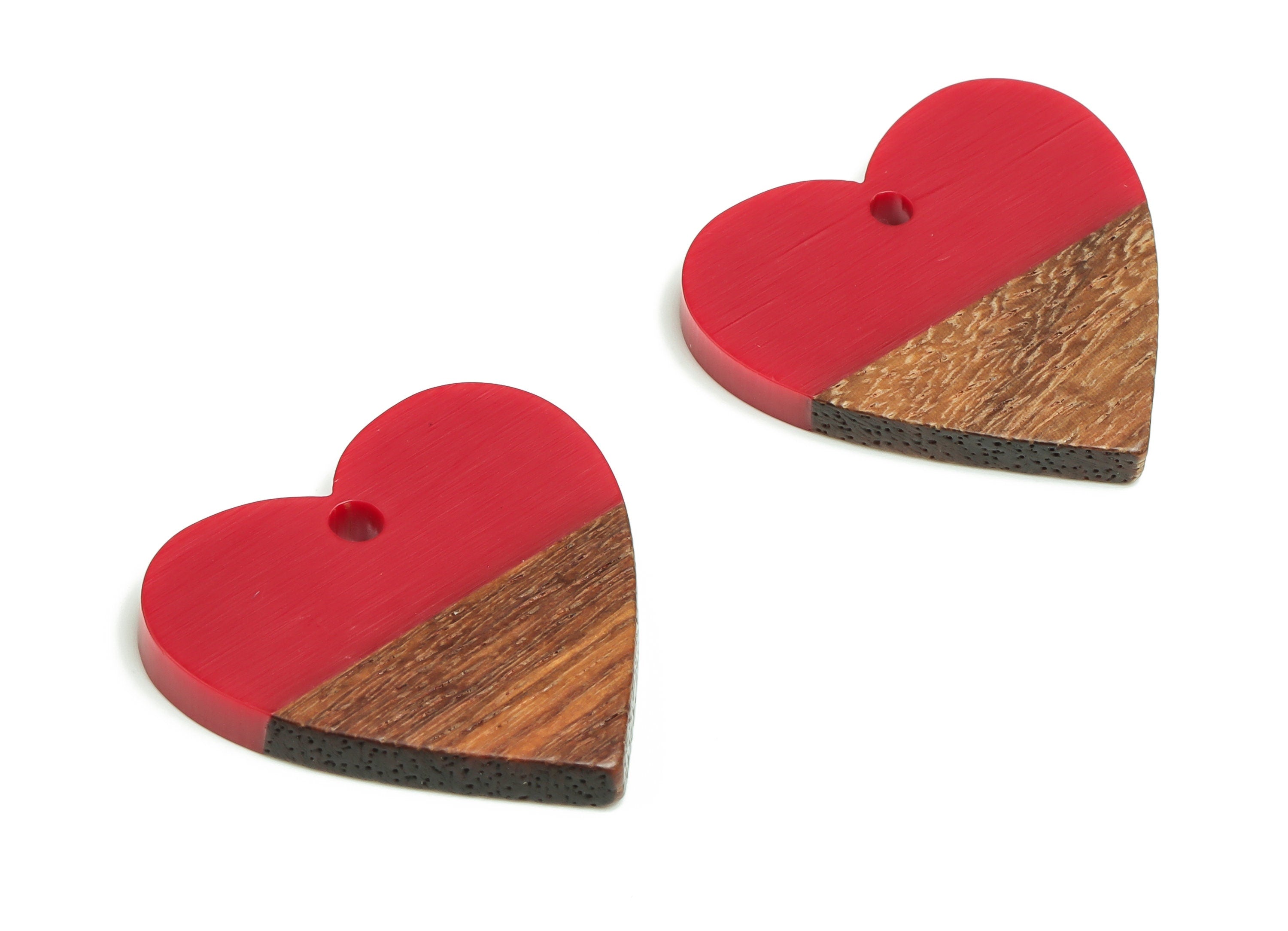 Walnut Wood Heart Earring Charm - Resin Heart Pendant - Rose Red& Coffee Resin Heart - Jewelry Making Supplies - 24.78x23.98x2.8mm - BB1102E - DOMEDBAZAAR