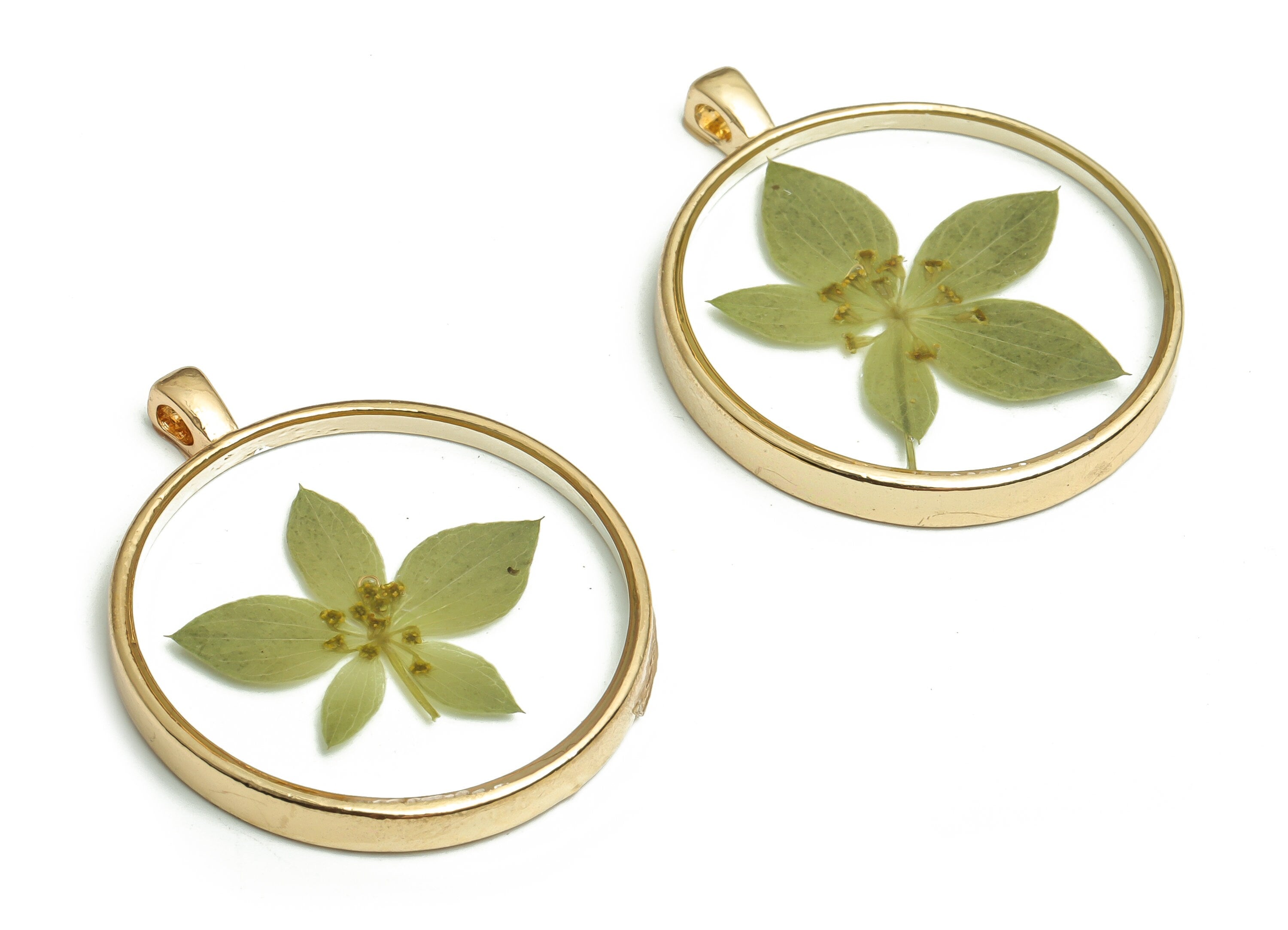 Epoxy Resin Round Real Flower Earring Charms - Epoxy Resin Rabbit Grass Pendant Charm - Gold Tone Plated Alloy -35.05x28.98x4.55mm- ZZ1950 - DOMEDBAZAAR