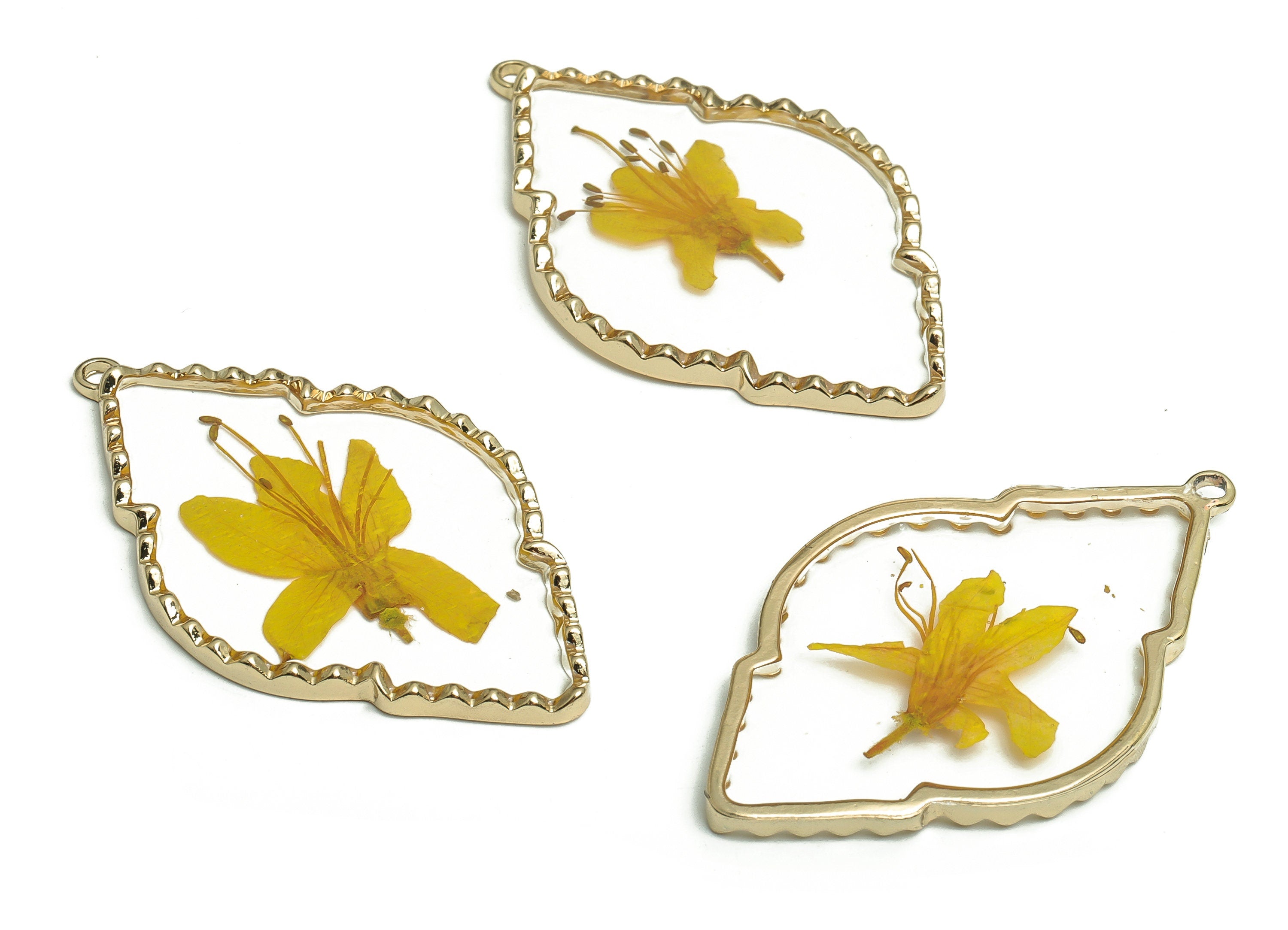 Epoxy Resin Diamond Real Flower Earring Charms - Epoxy Resin Rhododendron Pendant - Gold Tone Plated Alloy - 54.11x33.12x2.71mm - ZZ1962 - DOMEDBAZAAR