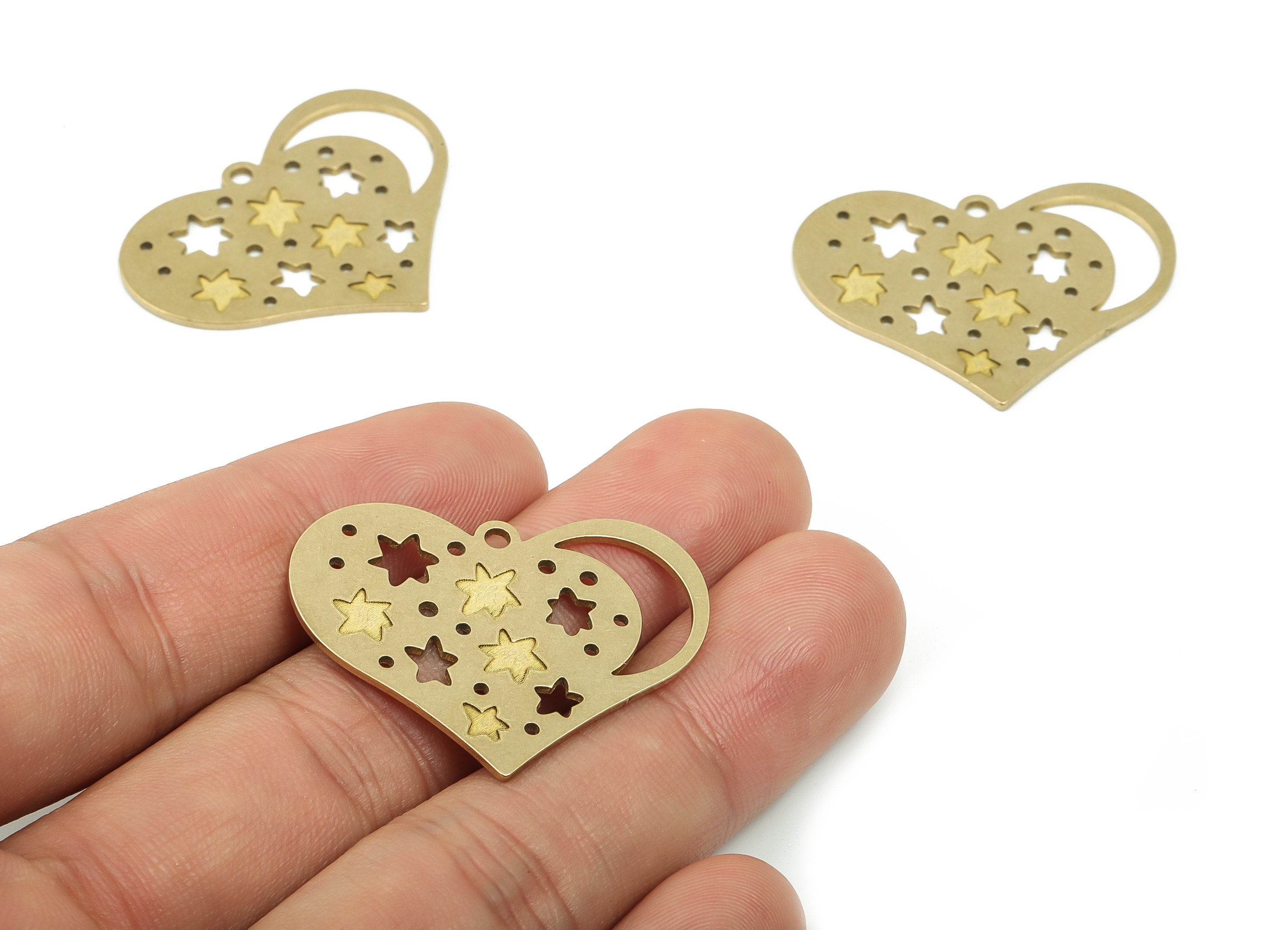 Brass Heart Earring Charms - Raw Brass Moon Star Pendant - Jewelry Making Supplies - 34.85x27.33x0.9mm - PPA3136B - DOMEDBAZAAR
