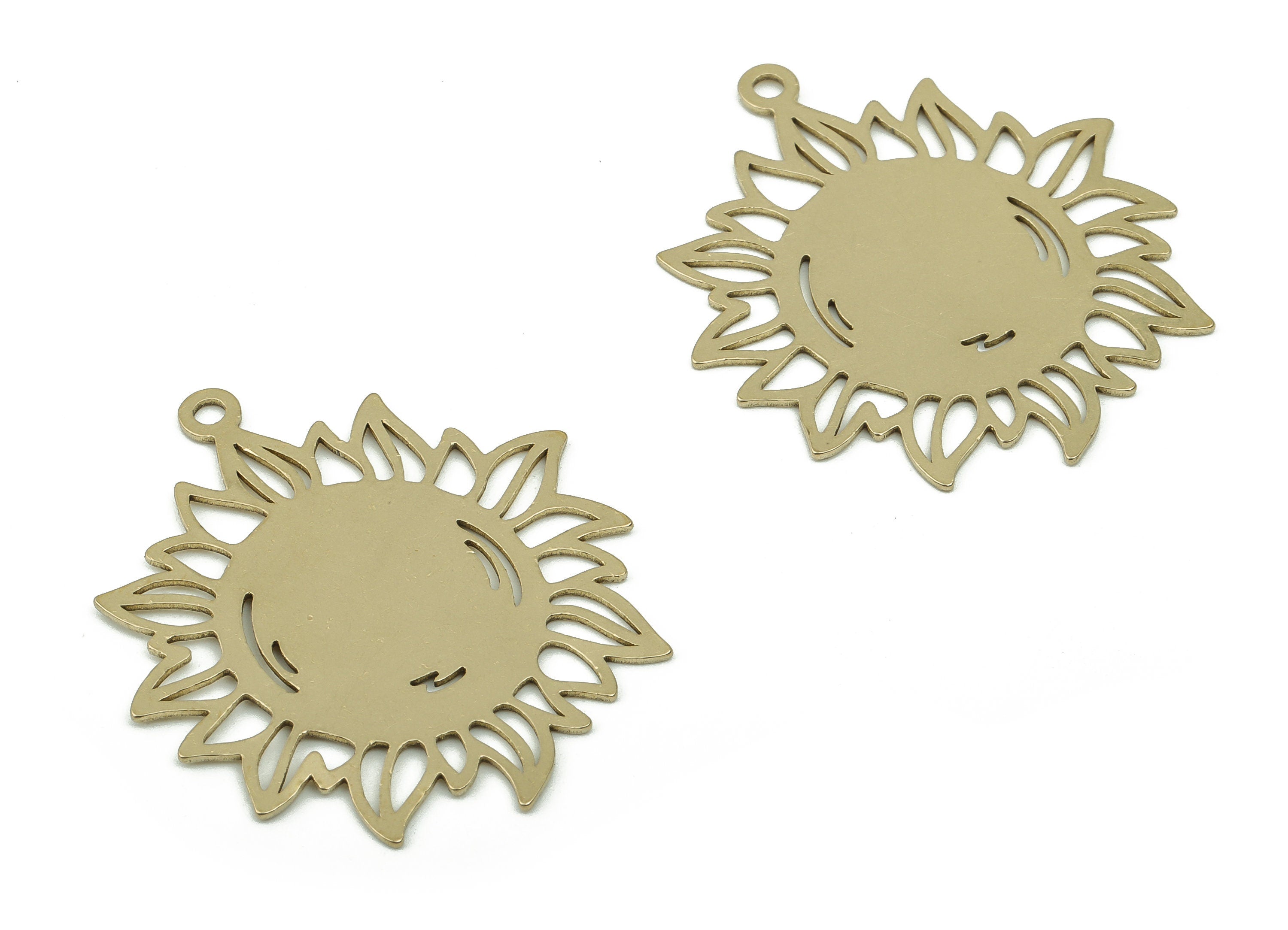 Stamping Blacks Brass Sun Earring Charms - Raw Brass Sunflower Pendant - Jewelry Making Supplies - 37.76x33.28x0.76mm - PPA0123 - DOMEDBAZAAR