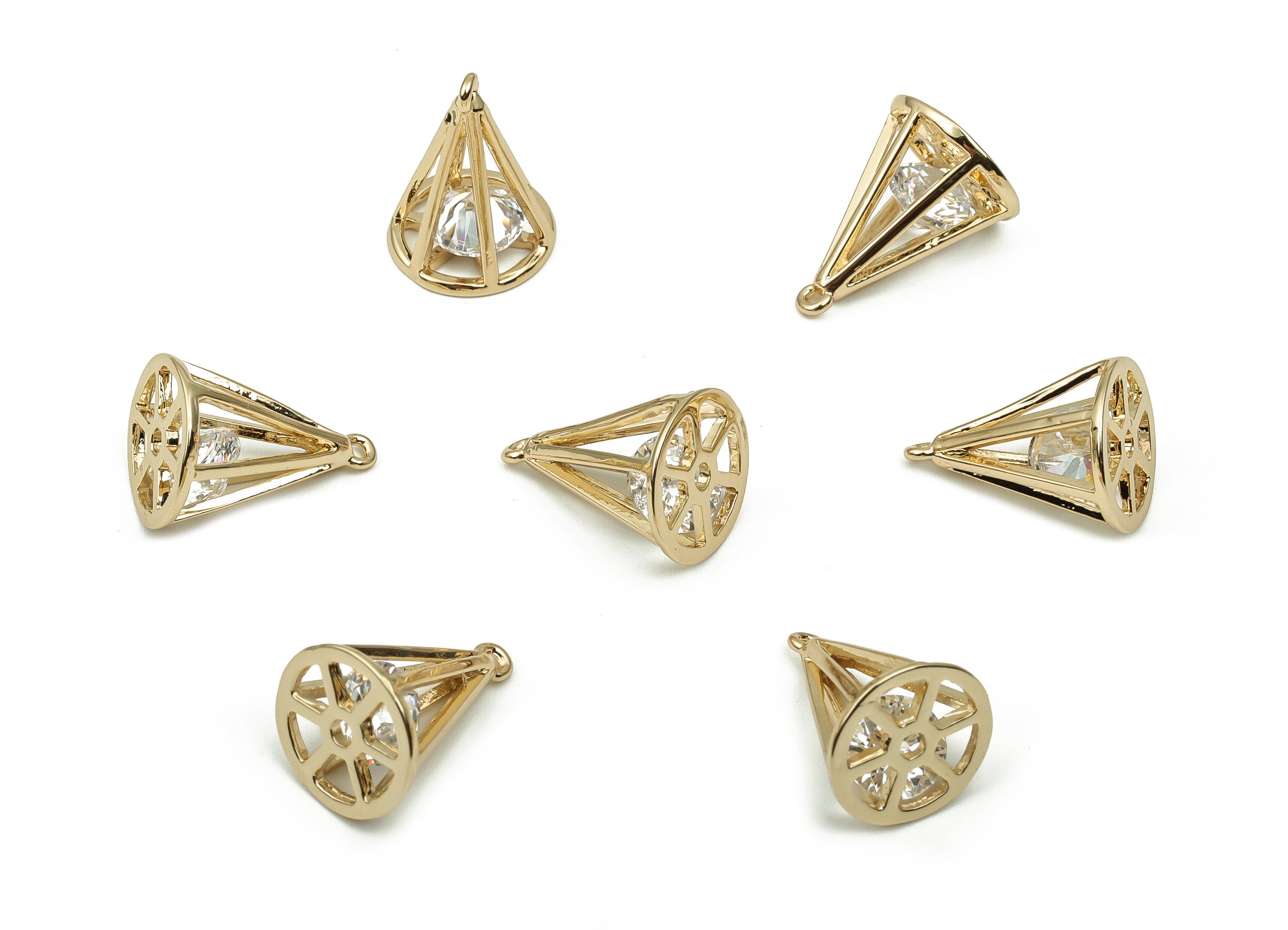Brass Spike Conical Earring Charms With Zircon - Raw Brass Cone Pendant - KC Gold Tone Plated Brass - 14.07x10.48x10.48mm - PP4853G - DOMEDBAZAAR
